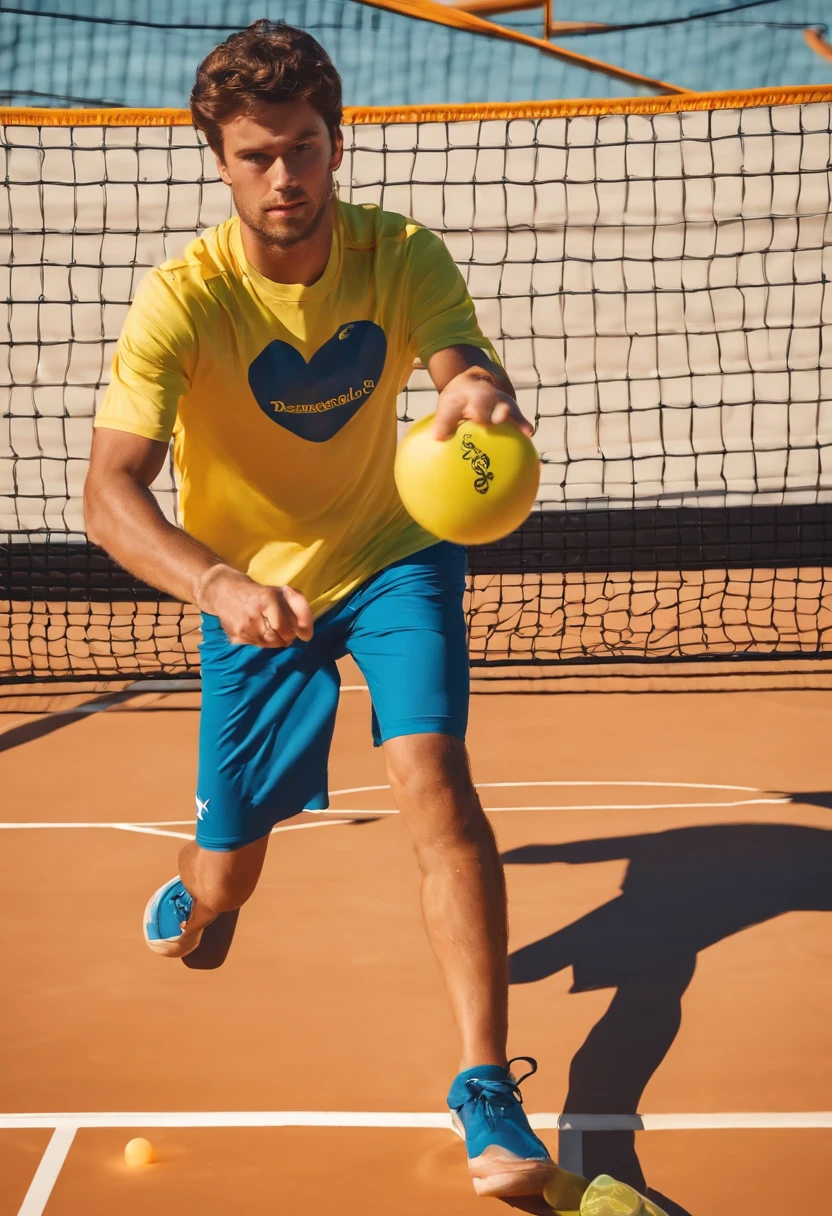 Homem jovem jogando Pickleball com camisas escrita Slice Sports no peito como Disney pixar