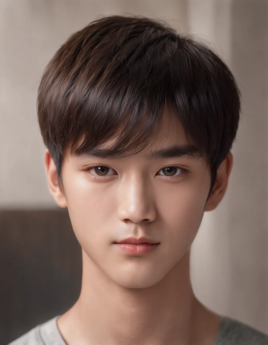 A pretty Asian man with strong-looking features and sharp eyes. Bowl cut with black hair. The portrait focuses on his face, with a close-up shot taken at 85mm. He is looking directly into the camera. The boy resembles Hwang hyunjin Lee Jong-suk and Kwon Soonyoung. The artwork is created using high-quality materials, such as oil painting or digital rendering. The image should have a realistic and photorealistic quality with ultra-detailed features. The lighting is well-balanced, highlighting the boy's facial structure and bringing out vivid colors in the artwork. The overall color tone should be warm and inviting.