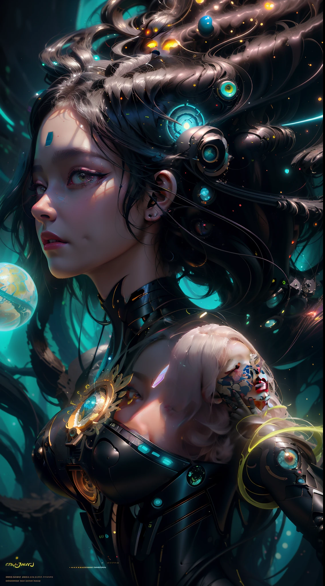 uma pintura de uma mulher com um cabelo muito longo e um rosto estranho, Anna Dittman, dark sci-fi art, Aetherpunk Airbrush Arte Digital, transuman intrincado, intricate oil, Pintura digital intrincada, Ray Swanland, Inspirado em Tomasz Alen Kopera, Greg Beeple, bioma fractal, arte sombria surreal, arte surreal sombria