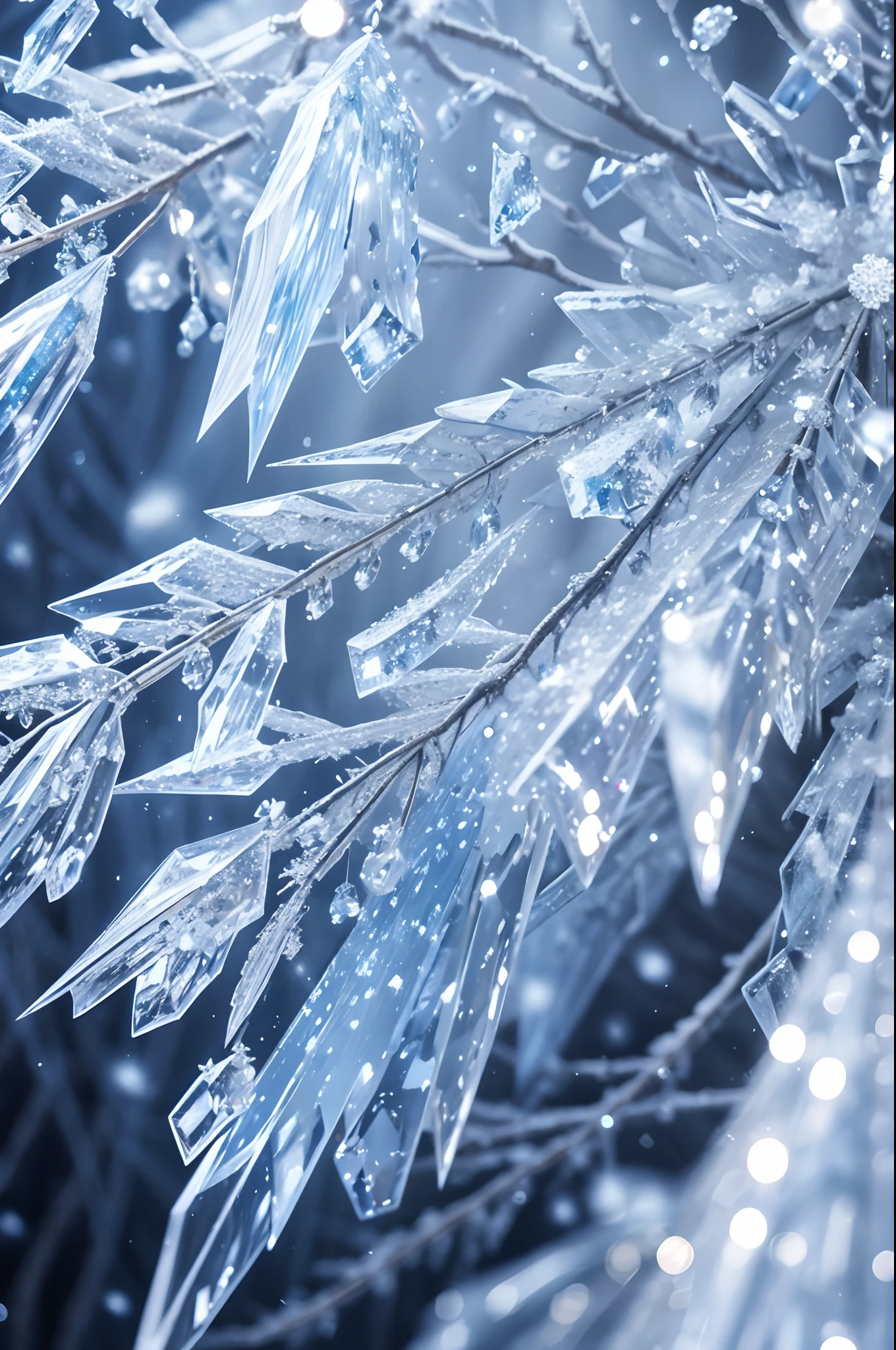 Close up of a tree, higly detailed mini icedspikes and crystals, ice waterfall as background, light reflecting in the ice crystals, flowing snowflakes.