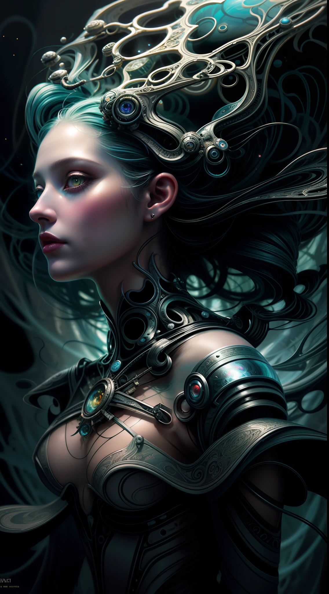 uma pintura de uma mulher com um cabelo muito longo e um rosto estranho, Anna Dittman, dark sci-fi art, arte digital aetherpunk airbrush, transumano intrincado, intricate oil, intrincada pintura digital, Ray Swanland, Inspirado em Tomasz Alen Kopera, Greg Beeple, bioma fractal, arte sombria surreal, arte surreal sombria
