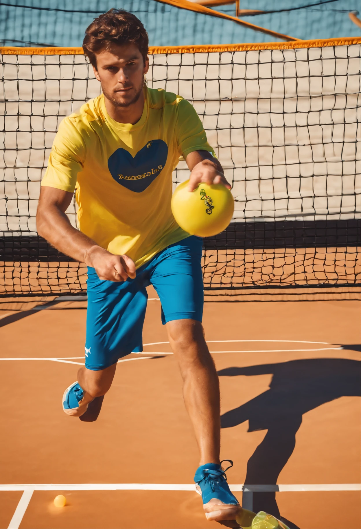 Homem jovem jogando Pickleball com camisas escrita Slice Sports no peito como Disney pixar