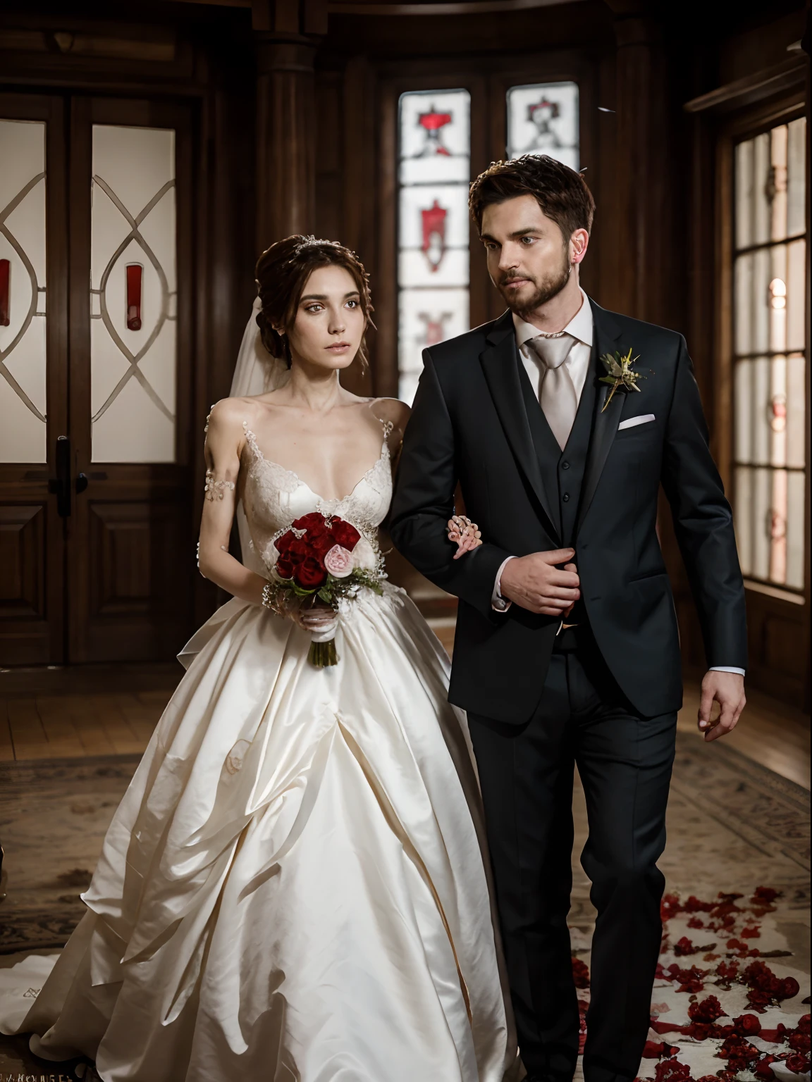 ((realistic skeleton)), (red wedding dress), (bride and groom), (wedding), (4k style))