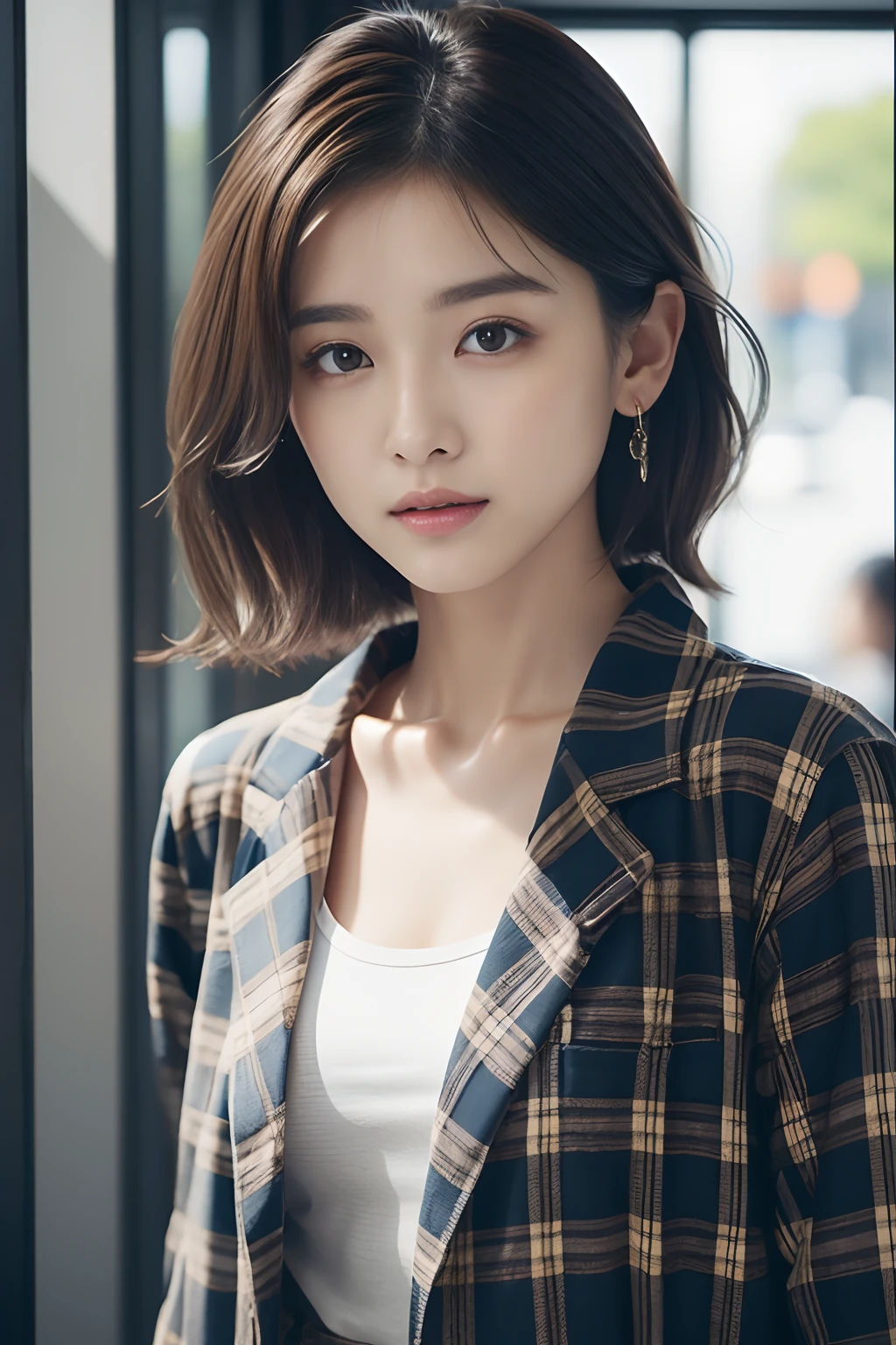 denim pant、Plaid plaid shirt、pump、A detailed face、Detailed lips、A detailed eye、Glossy glossy skin、solo person