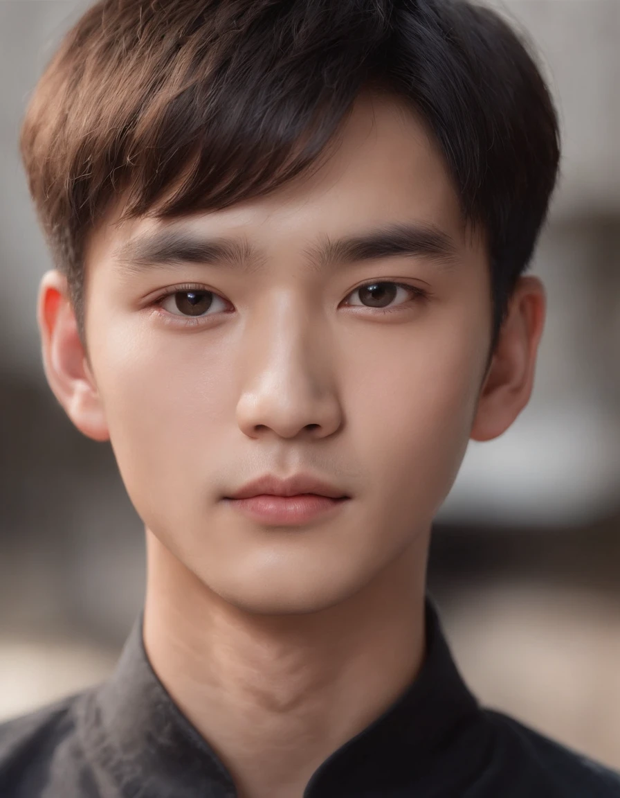 A pretty Asian man with strong-looking features and sharp eyes. Bowl cut with black hair. The portrait focuses on his face, with a close-up shot taken at 85mm. He is looking directly into the camera. The boy resembles Lee Jong-suk and Kwon Soonyoung. The artwork is created using high-quality materials, such as oil painting or digital rendering. The image should have a realistic and photorealistic quality with ultra-detailed features. The lighting is well-balanced, highlighting the boy's facial structure and bringing out vivid colors in the artwork. The overall color tone should be warm and inviting.