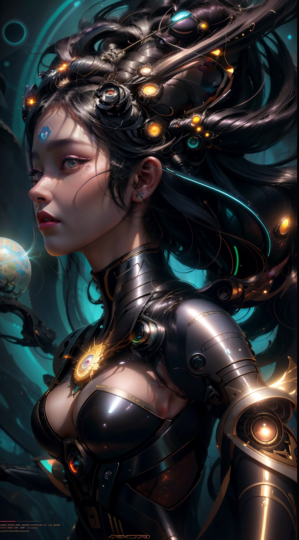 uma pintura de uma mulher com um cabelo muito longo e um rosto estranho, Anna Dittman, dark sci-fi art, Aetherpunk Airbrush Arte Digital, transuman intrincado, intricate oil, Pintura digital intrincada, Ray Swanland, Inspirado em Tomasz Alen Kopera, Greg Beeple, bioma fractal, arte sombria surreal, arte surreal sombria