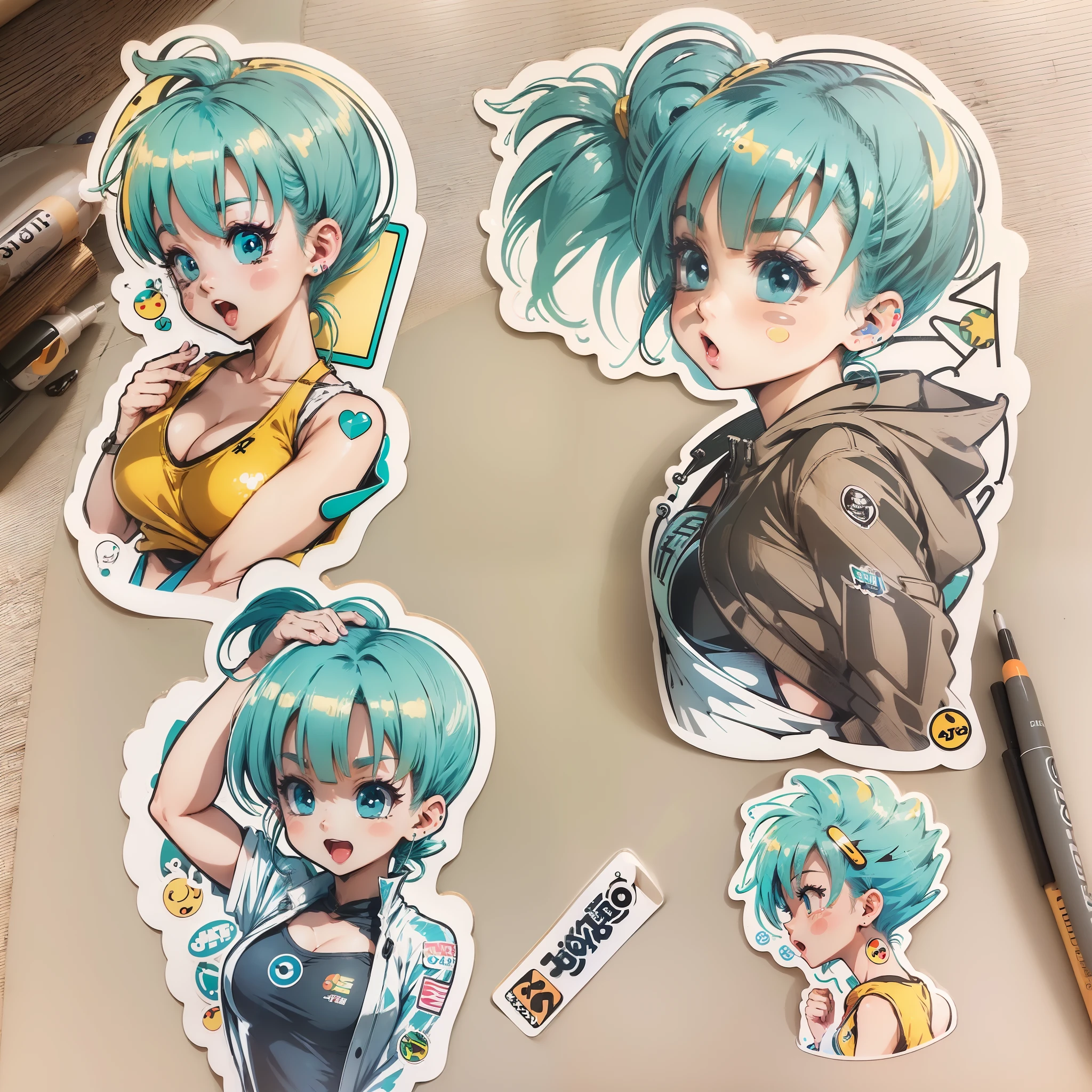 (((((4_Stickers)))) (sticker sheets) 4stickers, of cute manga, sexy cute beautiful girl oppai (((Bulma))), character, blue haired, ponytail, blue bikini large haired Palms in the beach inspired in (dragon ball z), side, (((in circle))), (((White background))), (Gold border),, Ultra detailed, Detailed drawing, vectorised, 8K, professional sticker design, Flat design, Vector lines, Sticker, Full-HD