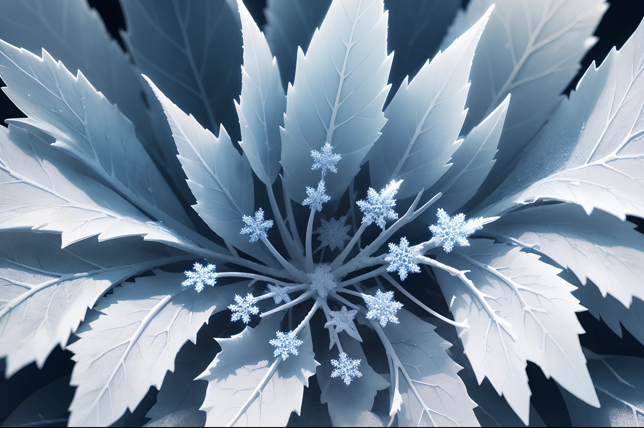 close up of the vascular system of a leaves and flowers with little crystals of rime ice, frozen landscape as background. Highly detailed.