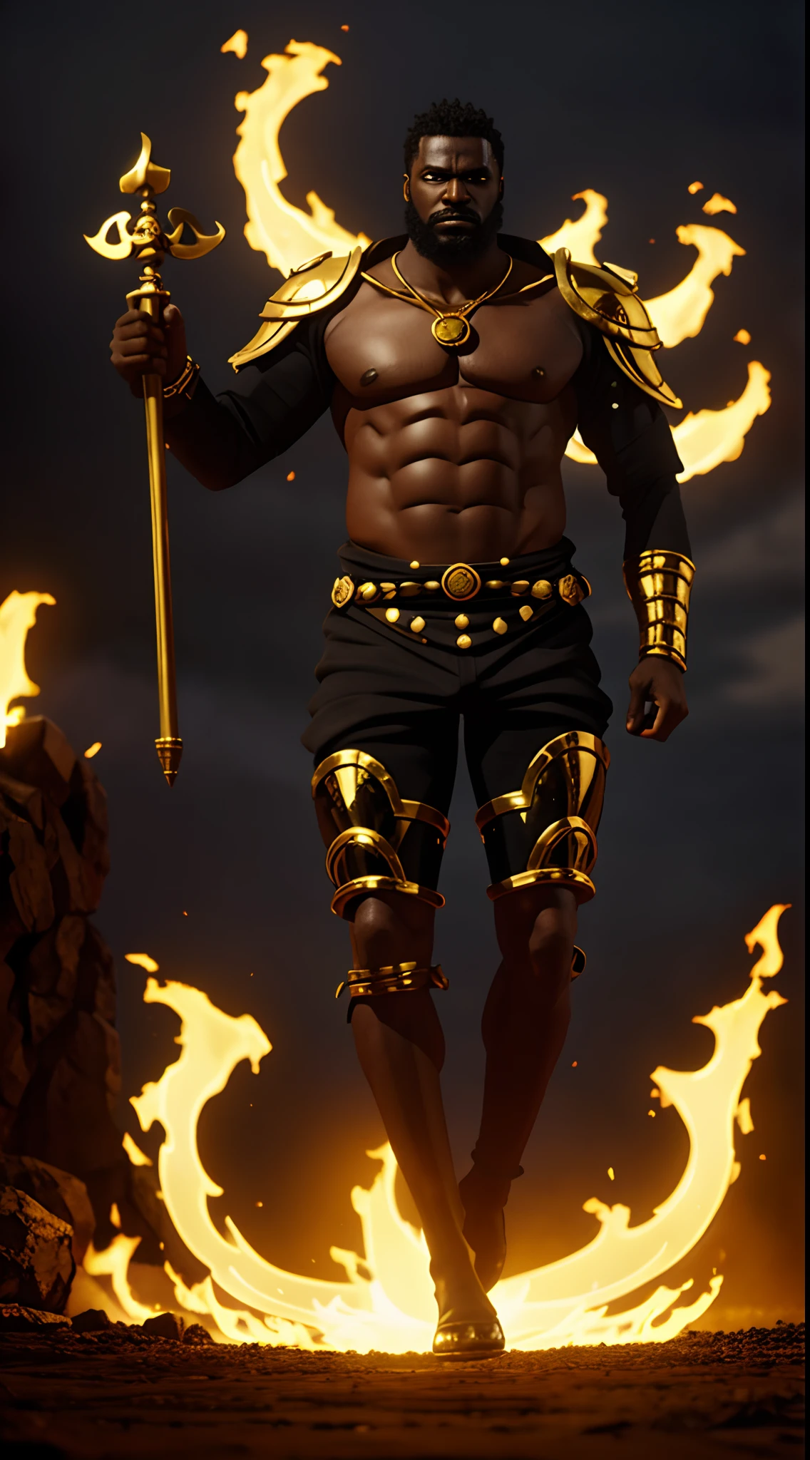 Male Character Black Skin Body Set Golden Props , Deus do fogo ,Front view ,Panoramic, 4k