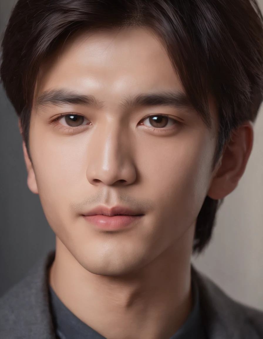 A pretty Asian man with strong-looking features and sharp eyes. Medium mullet, layered hair, black hair. The portrait focuses on his face, with a close-up shot taken at 85mm. He is looking directly into the camera. The boy resembles Lee Jong-suk and Kwon Soonyoung. The artwork is created using high-quality materials, such as oil painting or digital rendering. The image should have a realistic and photorealistic quality with ultra-detailed features. The lighting is well-balanced, highlighting the boy's facial structure and bringing out vivid colors in the artwork. The overall color tone should be warm and inviting.
