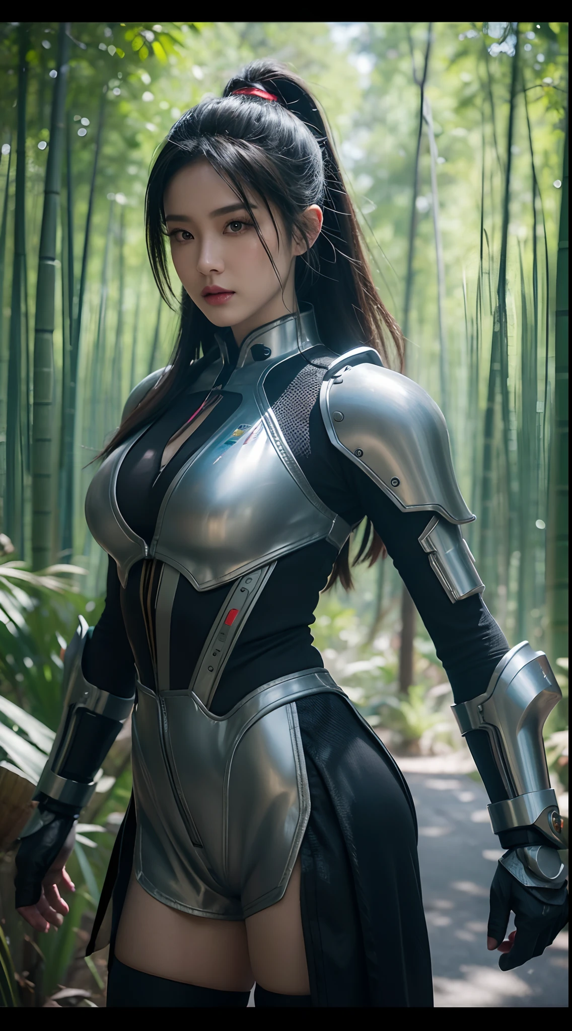Close-up of bamboo forest Chinese architectural landscape photo, cyber punk perssonage,Future Fantasy Technology,Robot Valkyrie effect,colorful vivid octane render, cybernetic and highly detailed, loba andrade from apex legends, created in unreal engine 5, made in unreal engine 5, trending on unreal engine 5, anfas portrait of a mech warrior, fantasy style 8 k octane render, rendered in unreal 5, rendered in high octane
