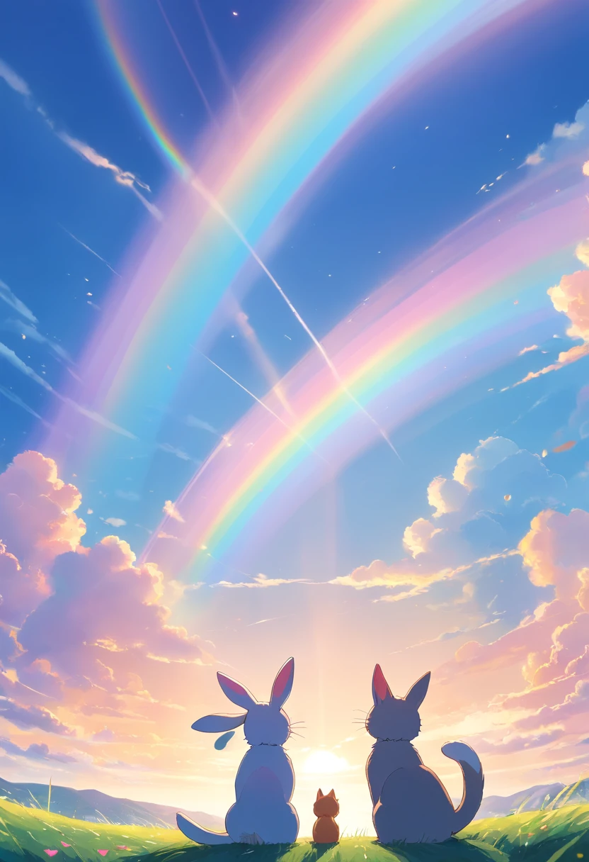2A rabbit and a cat are looking up at the rainbow-colored hearts floating in the sky side by side Rabbits light pink color Cats are light green With a cute feeling The sky is clear and cloudy The sun's rays are shining The heart is shining and sparkling