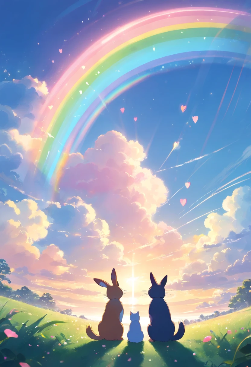 ２A rabbit and a cat are looking up at the rainbow-colored hearts floating in the sky side by side　Rabbits light pink color　Cats are light green　With a cute feeling　The sky is clear and cloudy　The sun's rays are shining　The heart is shining and sparkling
