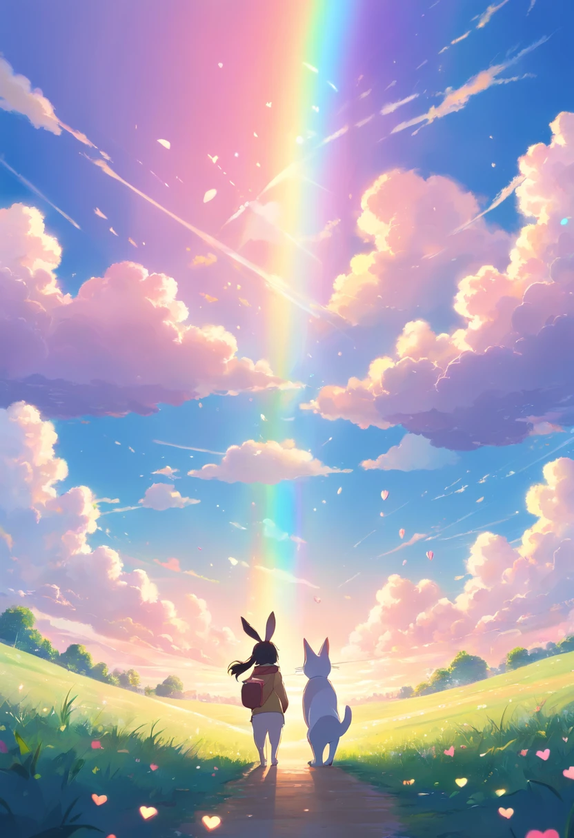 2A rabbit and a cat are looking up at the rainbow-colored hearts floating in the sky side by side Rabbits light pink color Cats are light green With a cute feeling The sky is clear and cloudy The sun's rays are shining The heart is shining and sparkling