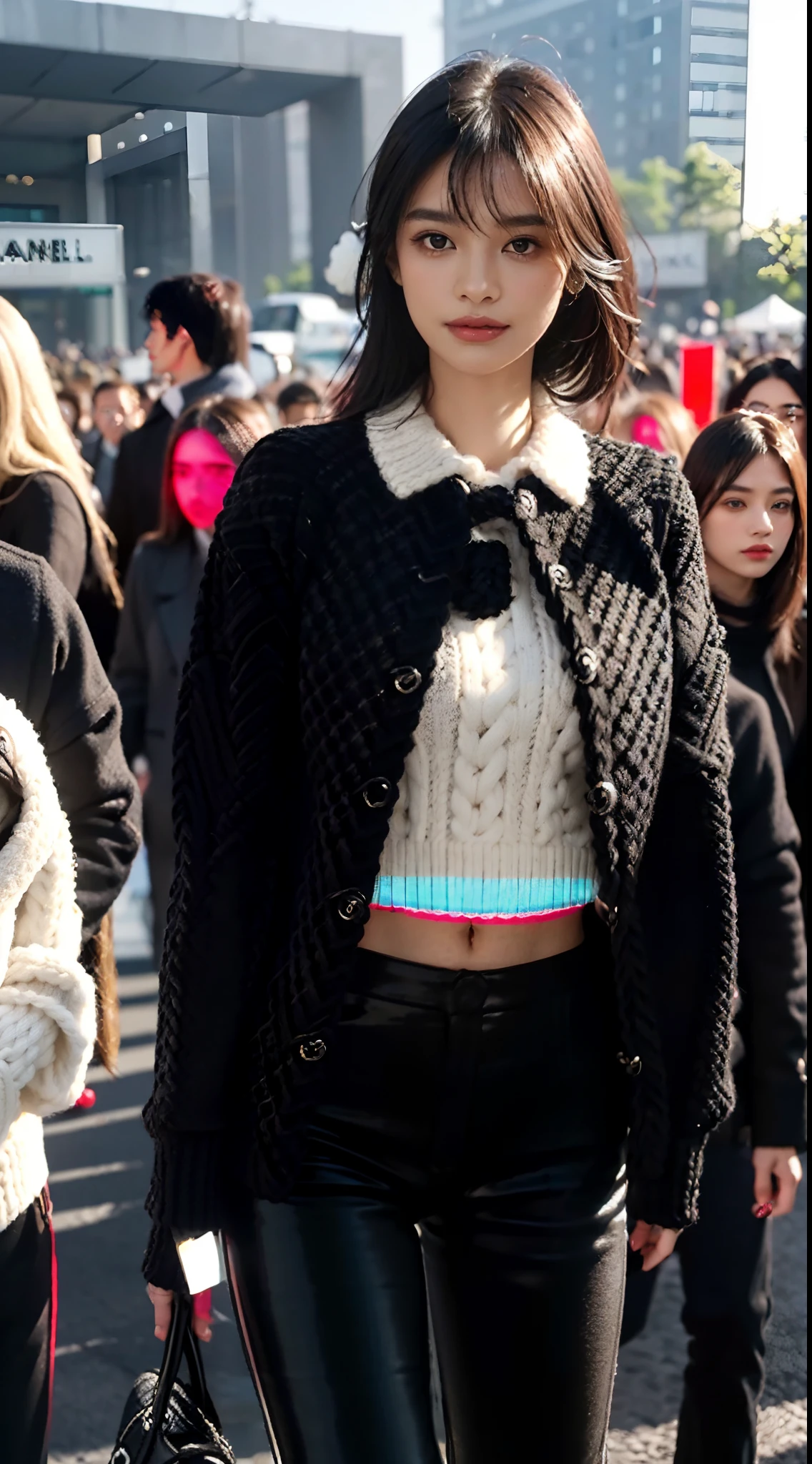 (shoulder length straight short black hair:1.0), （Extremely meticulous CG 8k wallpaper),16k,(Extremely refined and beautiful），（Masterpiece），（best qualtiy：1.0），（Ultra High Resolution：1.0），beautiful light up，Perfect lightning，realistic shaded，[A high resolution],(Smooth and flawless fair skin:1.5),(shiny skin:1.5),Extremely exquisite facial details,(perfect body：1.1),ultra - detailed,A beautiful girl,small head,(Small breasts:1.1),Flat chests，slim，thin，Smile，cheerfulness,(black woolen knit Chanel inspired jacket:1.5),(white collared shirt:1.3),(black pants:1.4),(white sneakers:1.2),slender legs,(nightfall:1.5),Sunset light,(Surrounded by a crowded crowd:1.5),At the school gate,standing,from front,close-up of upper body
