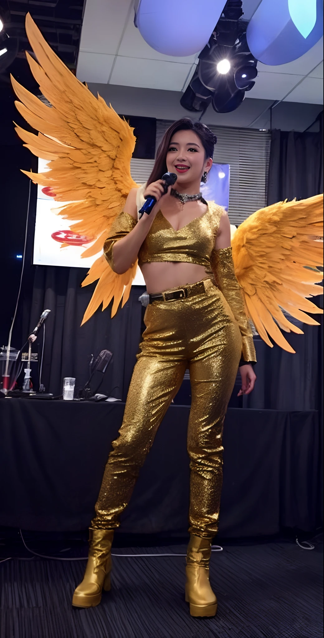 With a man in a golden costume、Hold the microphone in front of the screen、With wings, ZAZY, art by, full - body majestic angel, Super Wide Angel, Fulll body Shot、Photorealsitic、Bright background、1 part length trousers、Thick-soled short boots、eye glass、She sparkles in gorgeous outfits