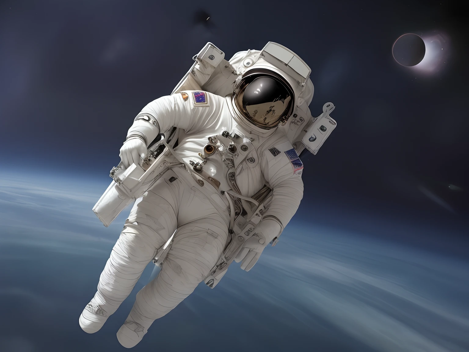 space, astronaut, spacesuit, gloves, earth in the background, floating outside of a space station,, zero gravity,