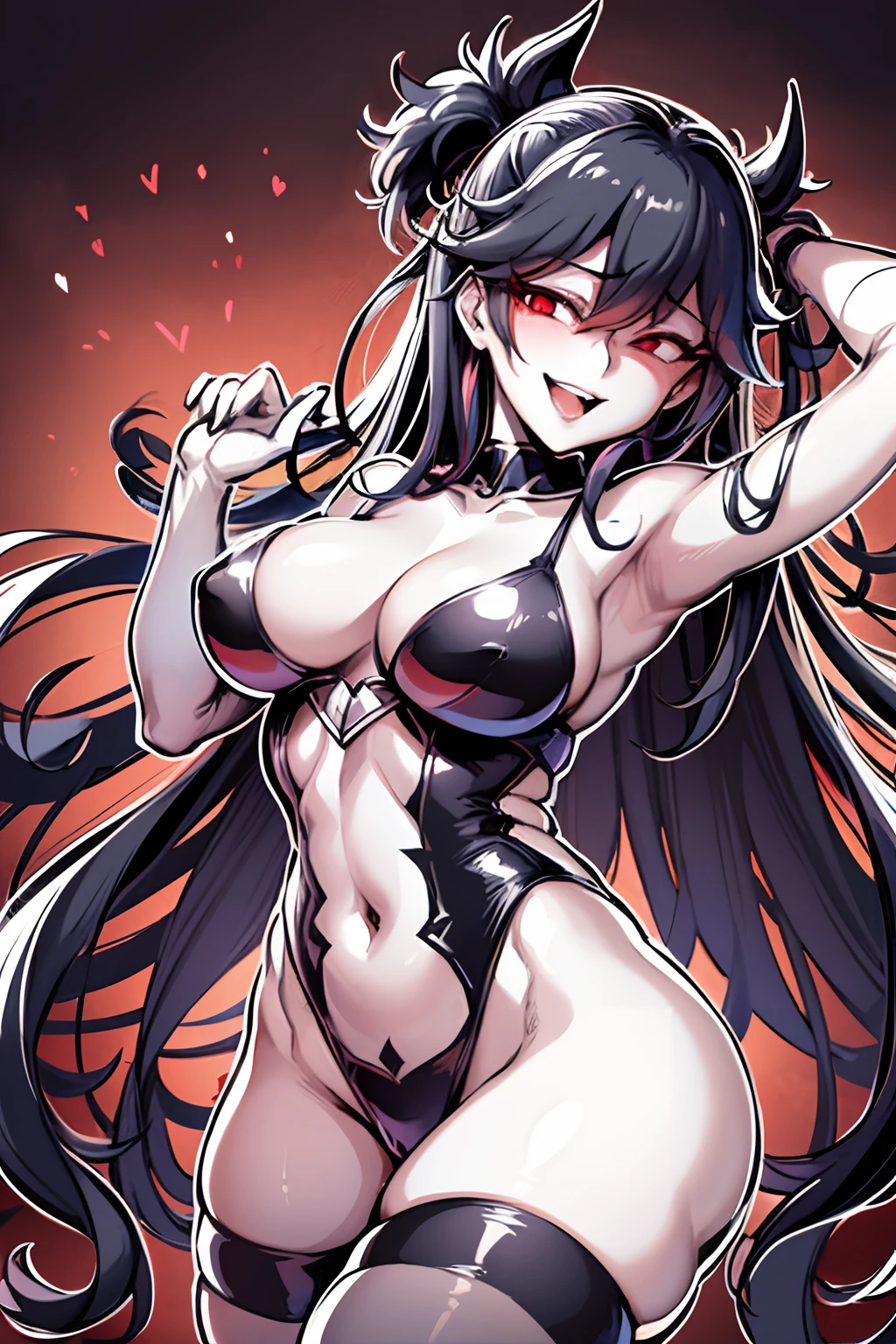 a drawing of a woman in a black and white outfit, mika kurai demon, commission for high res, thick black lineart, oc commission, fullbody commission for, ryuko matoi, commission for, attractive matoi ryuko, succubus, pose(arms up + happy), expressing joy. by krenz cushart, villainess has black angel wings