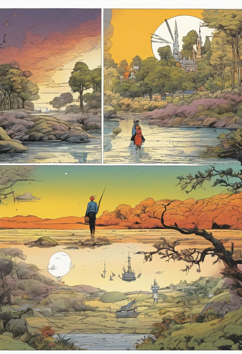 pen and ink, illustrated by hergé, man alone forever. Sadness, stunning color scheme, masterpiece