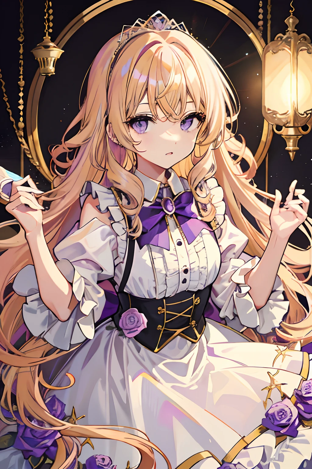 Light yellow curly hair，Lilac eyes，a queen，Immature teenage girl，elegant，rosette，Long curly blonde hair，irate，Cute and innocent girl
