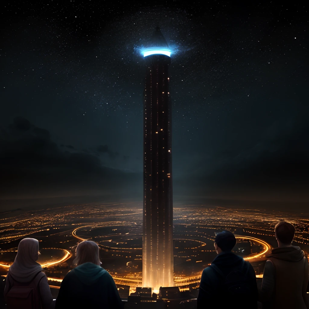 A community of people trapped in a depression surrounded by darkness, at the center of which is a tower with a light overhead.