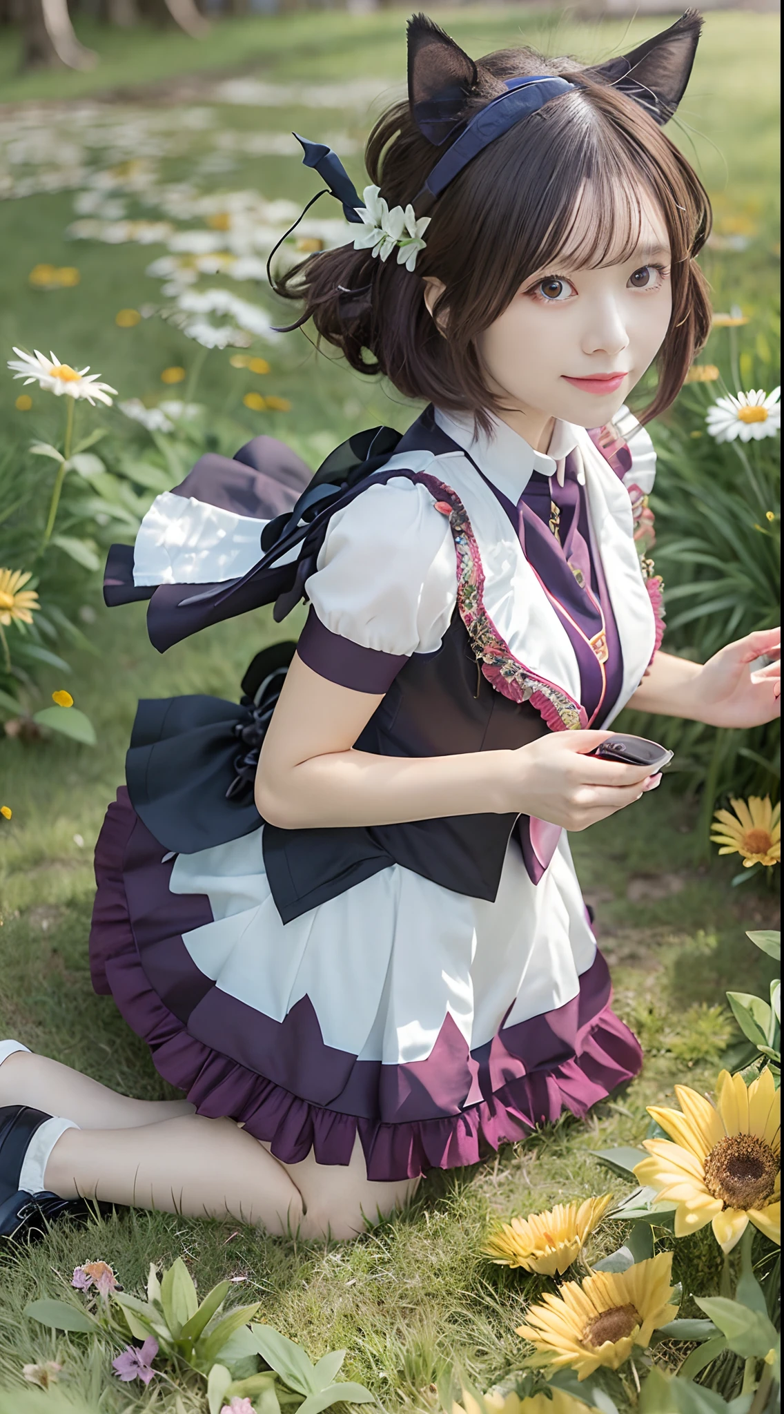 masutepiece, 8K Wallpaper, Best Quality, 1girl in, special week \(Umamusume\)
, tussock, Looking at the viewer,hightquality、(masutepiece), (Best Quality), (Highly detailed,A smile、lawn、suns,look at viewr