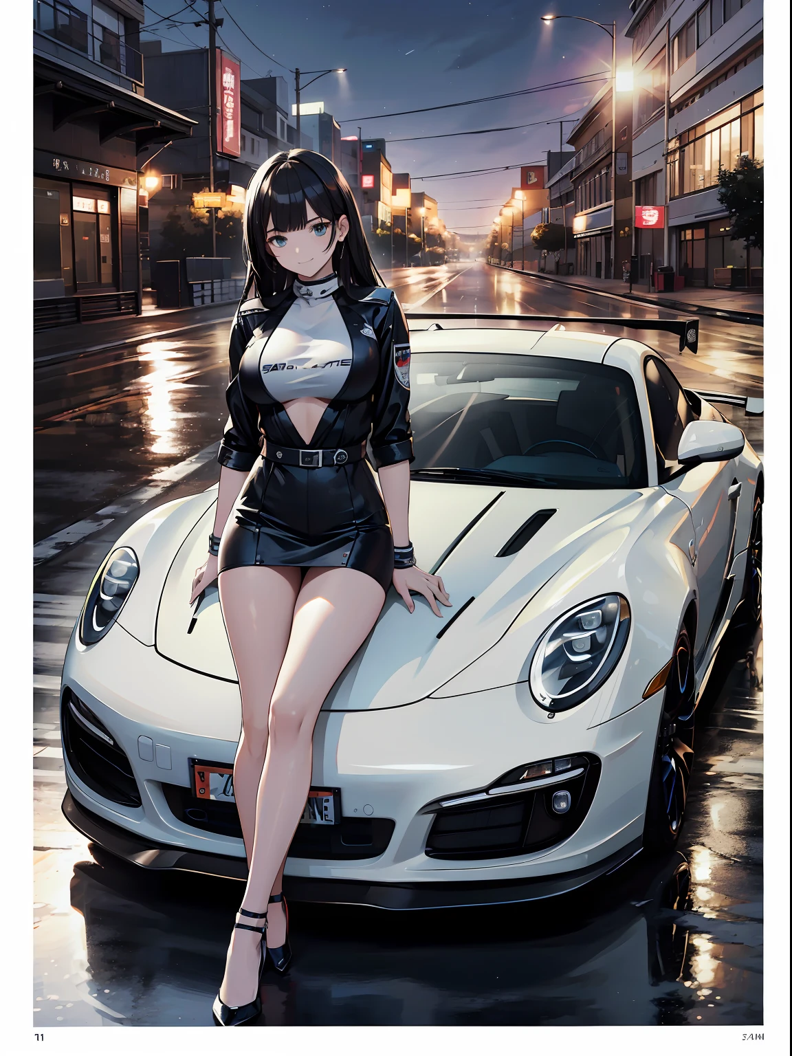 16K, HDR, ray tracing, RTX, ultra realistic, highres, wide angle shot, best quality, masterpiece, full body image, (perfect anatomy ), long black hair, happy chuckle, blue eyes, sexy body, looking at the camera, night time, anime style, trending on artstation, WLOP, sakimichan, award wining, great composition, perfect, great lighting, sitting on porsche 911 hood, 1car, car girl, racing girl