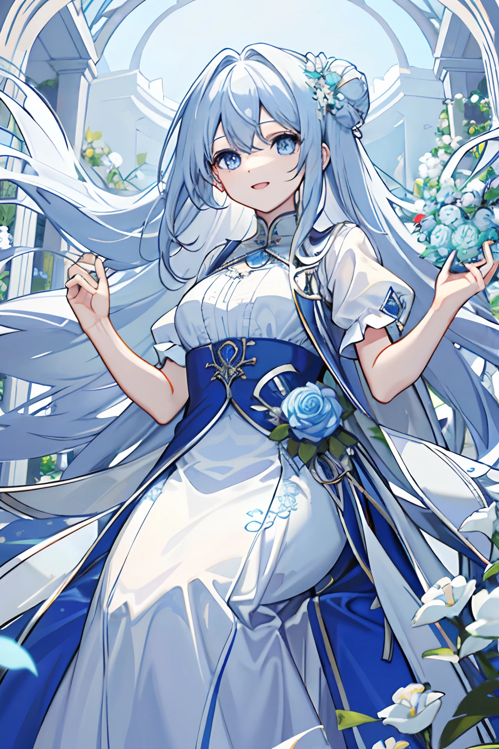 Long white slightly curly hair，Light blue eyes，Sky blue flowers, Intellectual elegance, Lady, offcial dress，banquet，laughingly