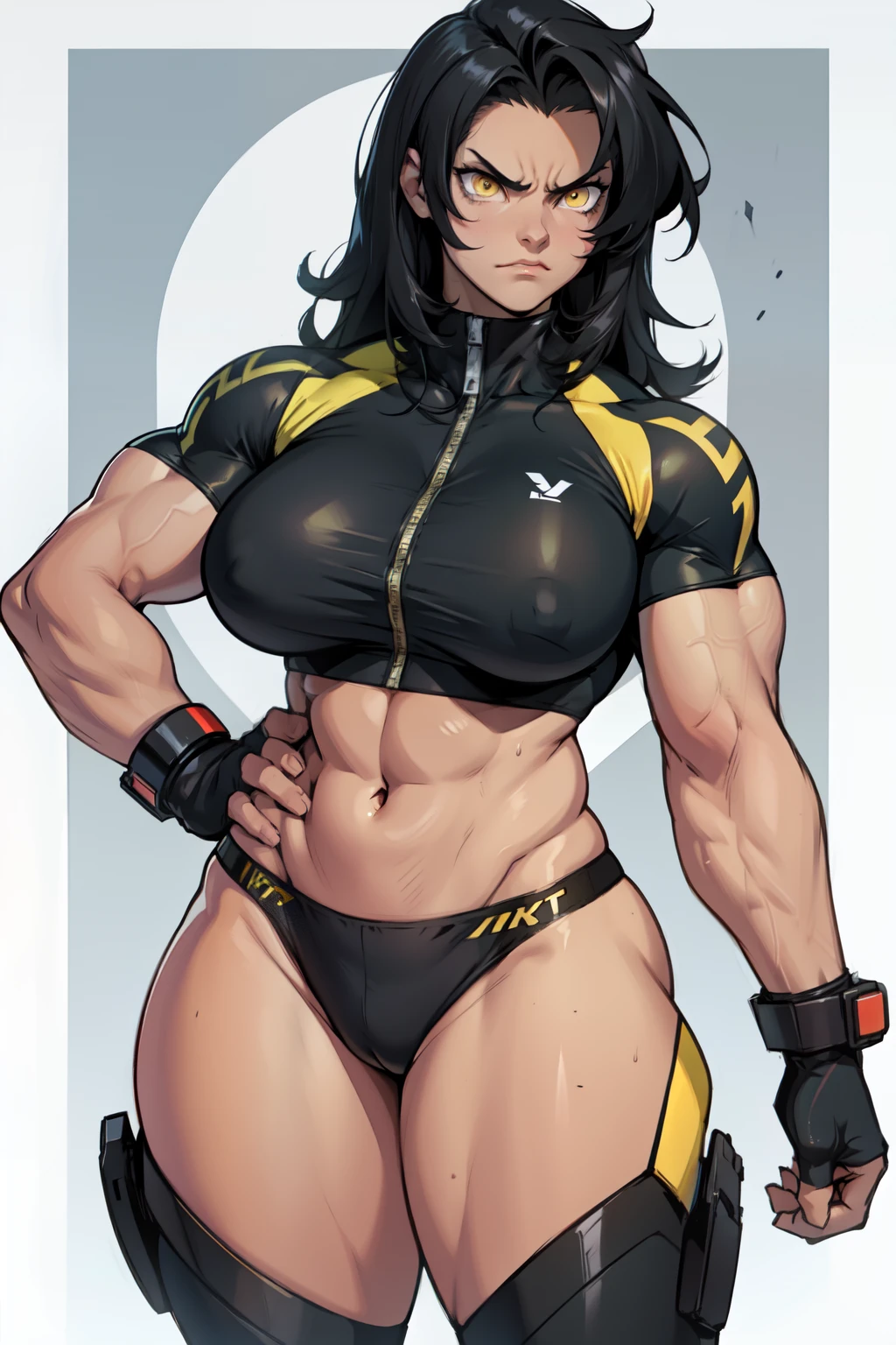 angry muscular thick thighs huge breasts black hair yellow eyes girl