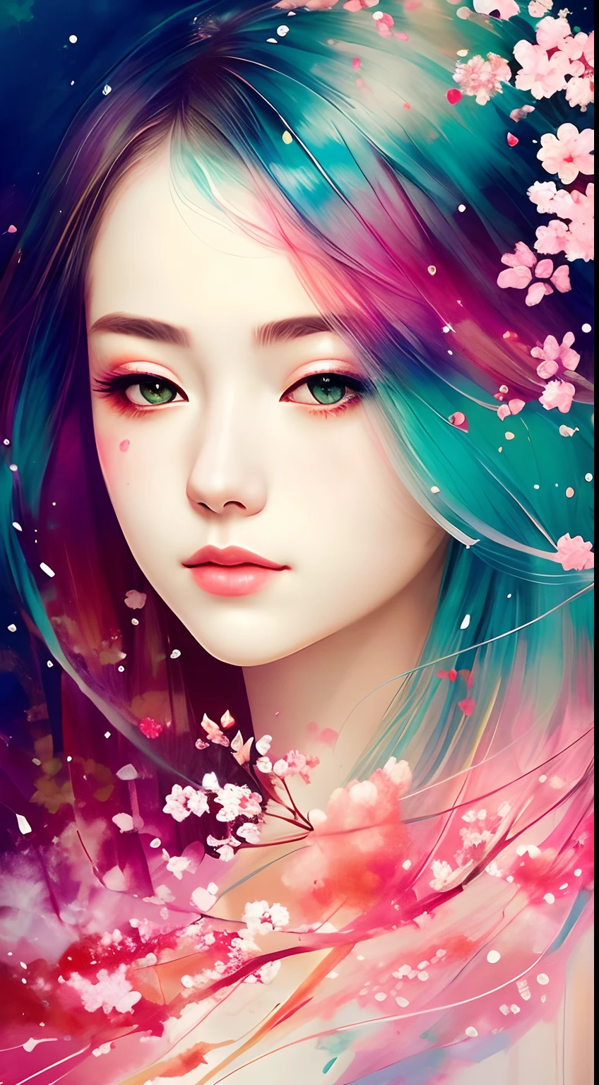 a abstract painting of a geisha blend with cherry blossoms by agnes cecile, luminous design, pastel colours, intricate detailed ink drips, autumn lights, cheerful atmosphere, double exposure, artistic, aesthetic, unique