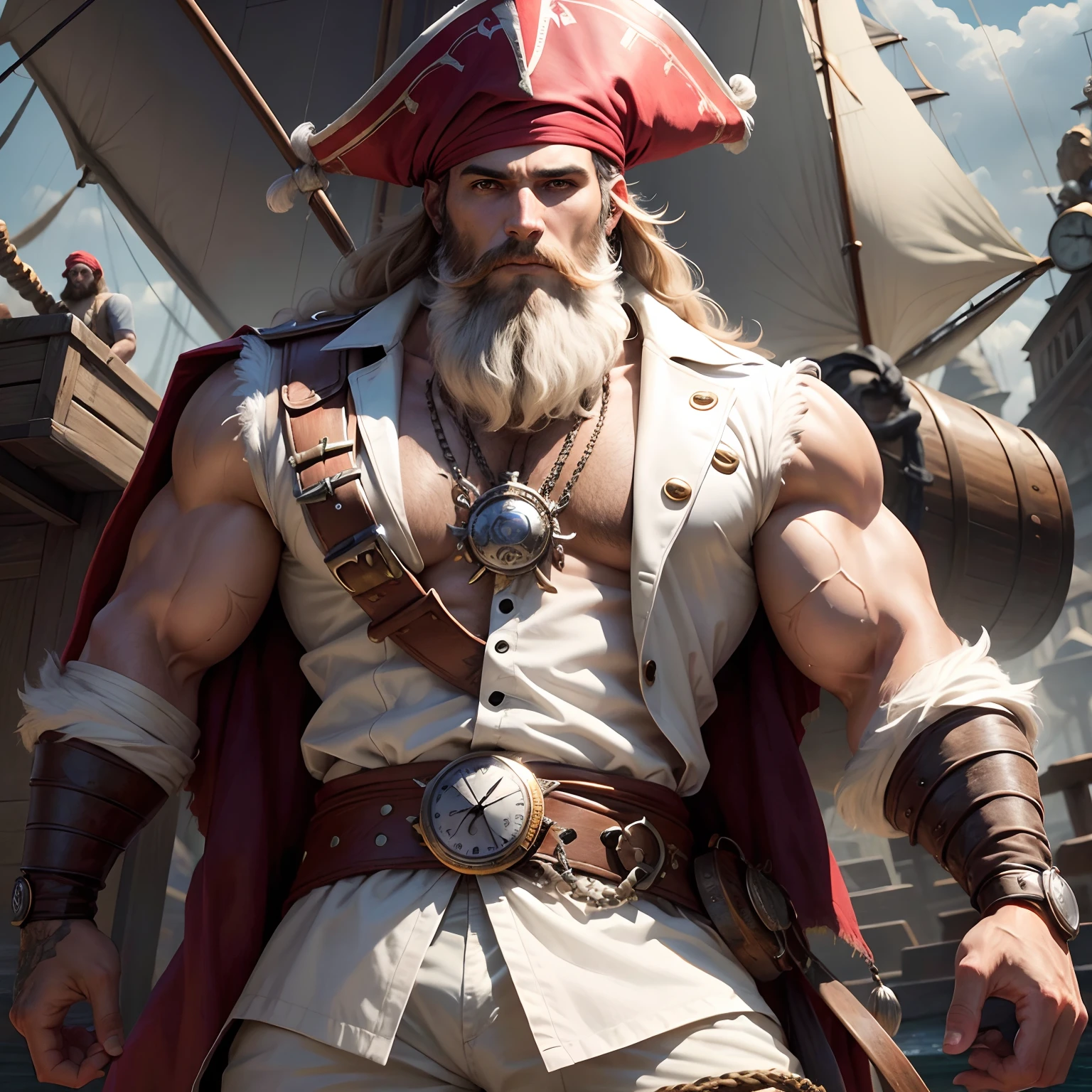 Um machista, Bearded pirate of the time and white clothes with shirtless watches and with a rather hairy chest