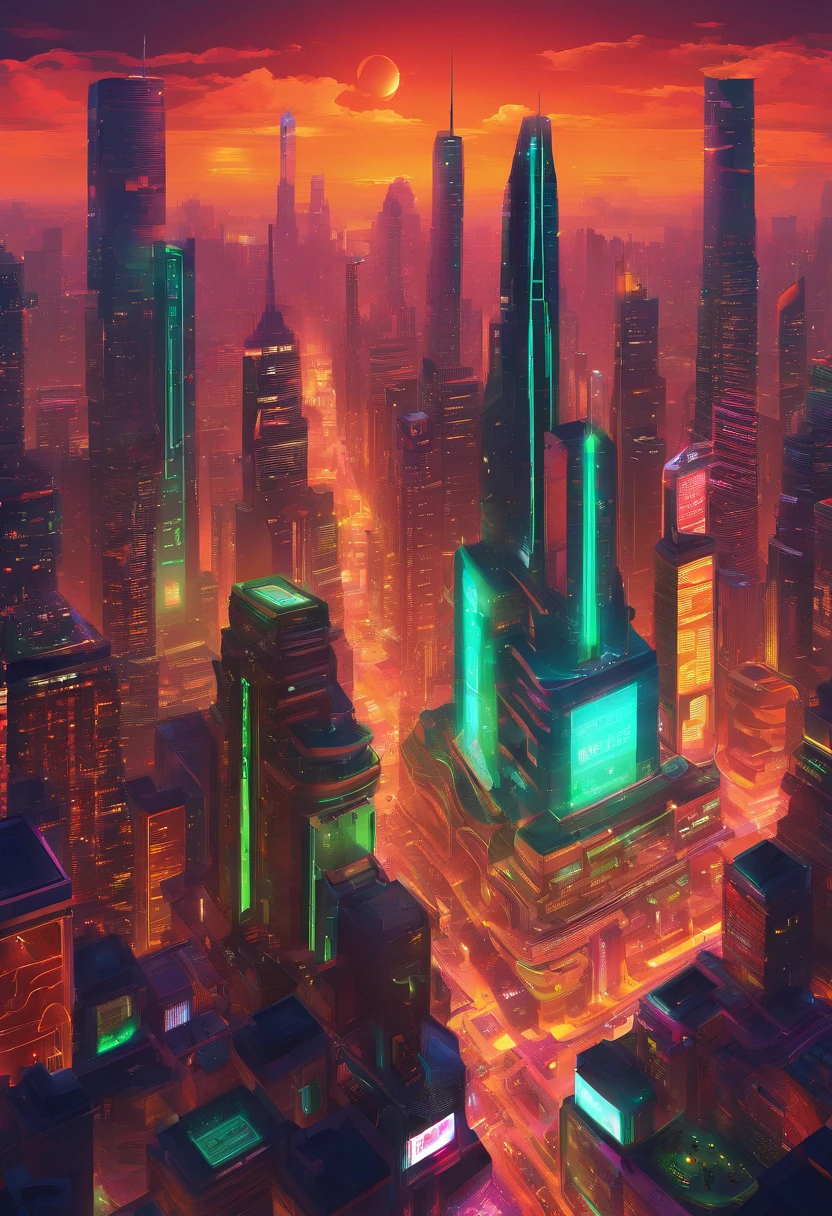 vector design of a smart city powered by space-based solar power: The glowing artificial satellite orbits Earth, its solar panels shimmering. Energy beams connect the satellite to multiple receiving antennas in the city. The urban landscape, with autonomous vehicles, smart buildings, and green spaces, thrives on this energy source.