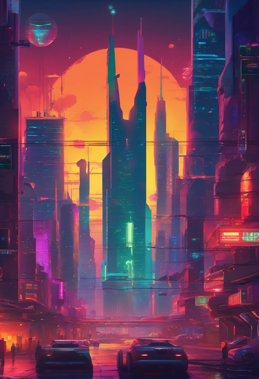 vector design of a smart city powered by space-based solar power: The glowing artificial satellite orbits Earth, its solar panels shimmering. Energy beams connect the satellite to multiple receiving antennas in the city. The urban landscape, with autonomous vehicles, smart buildings, and green spaces, thrives on this energy source.