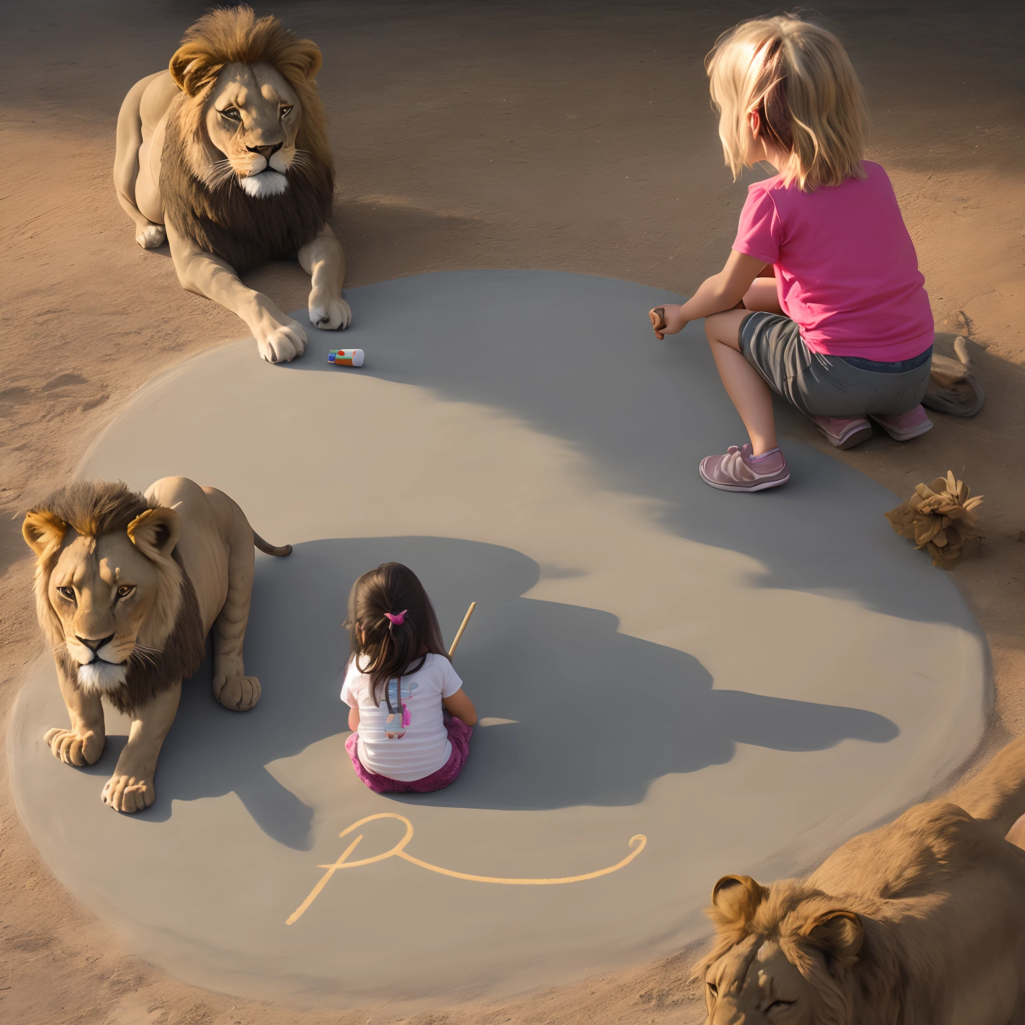 Little girl sitting on the floor writing on the with chalk "el todopoderoso viene" With a lion standing behind her.