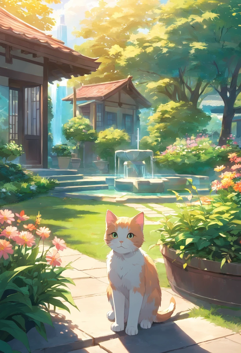A cute kitten with round eyes, Garden fountain, Butterfly, House in the distance, Mirror effect