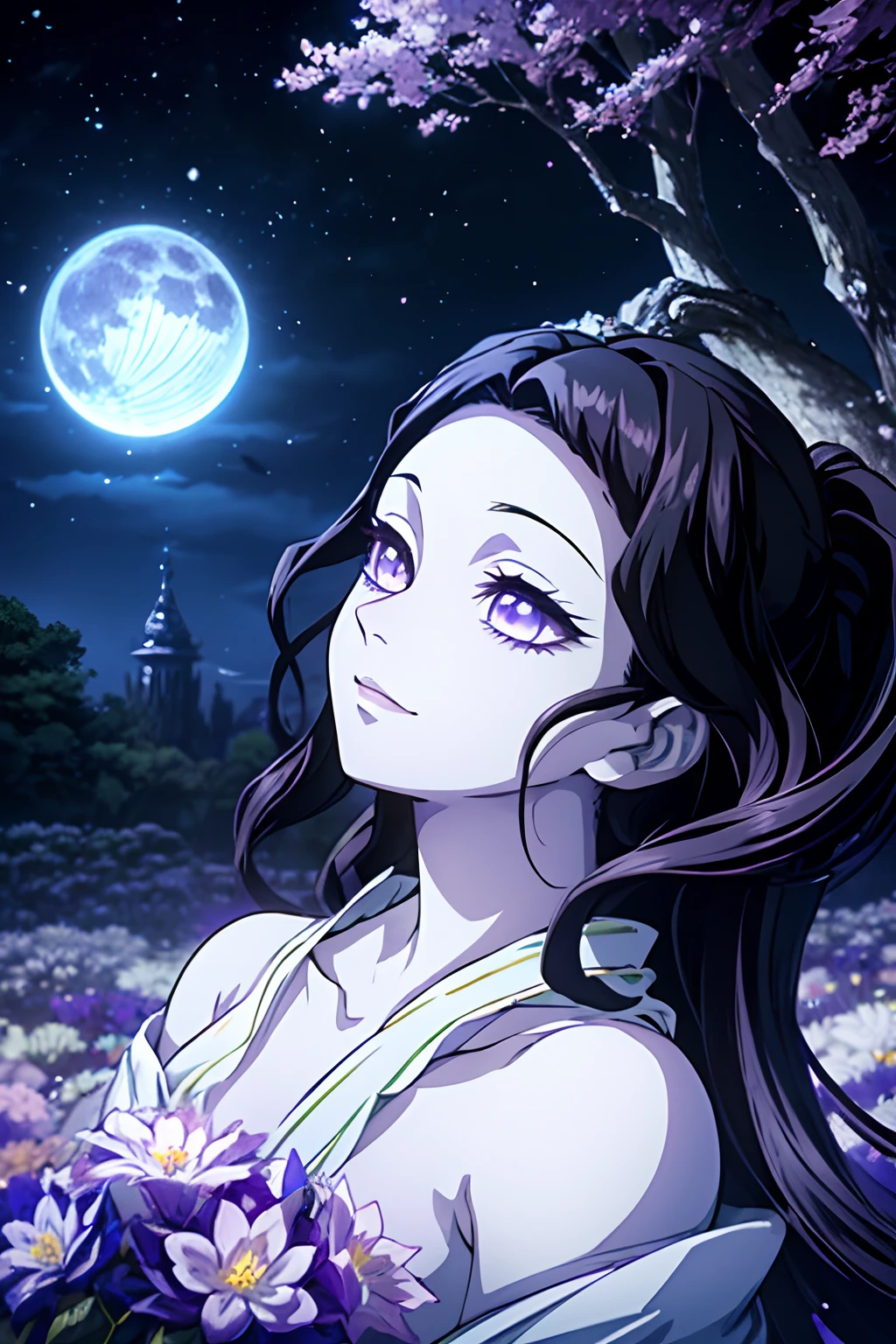 (aesthetic,mysterious) muzan girl,dark ethereal atmosphere,anime style,dream-like,glowing eyes,pale skin,flowing black hair,blue butterfly,moonlit garden,enchanted pose,colorful kimono,moonlight shining through trees,soft petals falling,breathtaking beauty,subtle smile,rooftop silhouette,ethereal glow,tranquil expression,delicate features,serene aura,timeless elegance,vibrant colors,dark fantasy vibes,magical ambiance,radiant moonlight,whispering winds,fantasy world illusion,feminine grace,luminous darkness,lone figure,starry night sky, ethereal flowers,serenity in darkness,shimmering mystery,ethereal charm