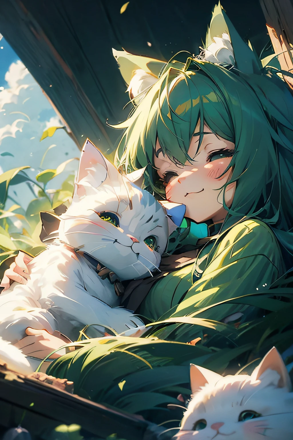 Close-up of an anime girl with long blue and green hair sleeping in the clouds and hugging a white cat, an anime drawing by Shitao, pixiv contest winner, Furry art, Fluffy!!!, Very beautiful anime cat girl, beautiful anime catgirl, cute anime catgirl, anime girl with cat ears, very beautiful cute catgirl, White Cat Girl, Fluffy!!!, anime catgirl, anime cat, trending on artstation pixiv
