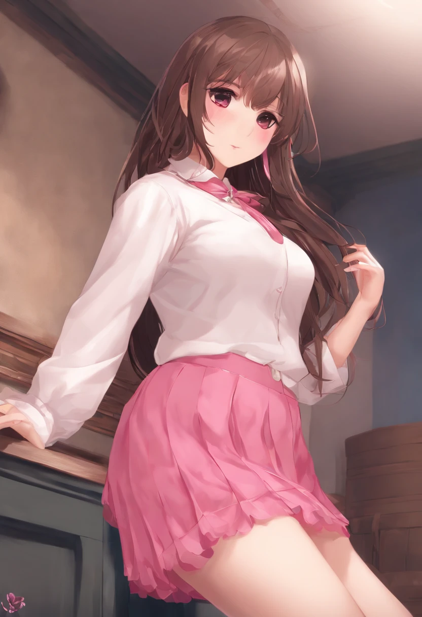 masterpiece, best quality, looking at viewer, bedroom, chubby little teen, dark brown hair and eyes, forehead, obscene, (((skirt lift up, and show pink panty))),((clothed)), cameltoe, nsfw