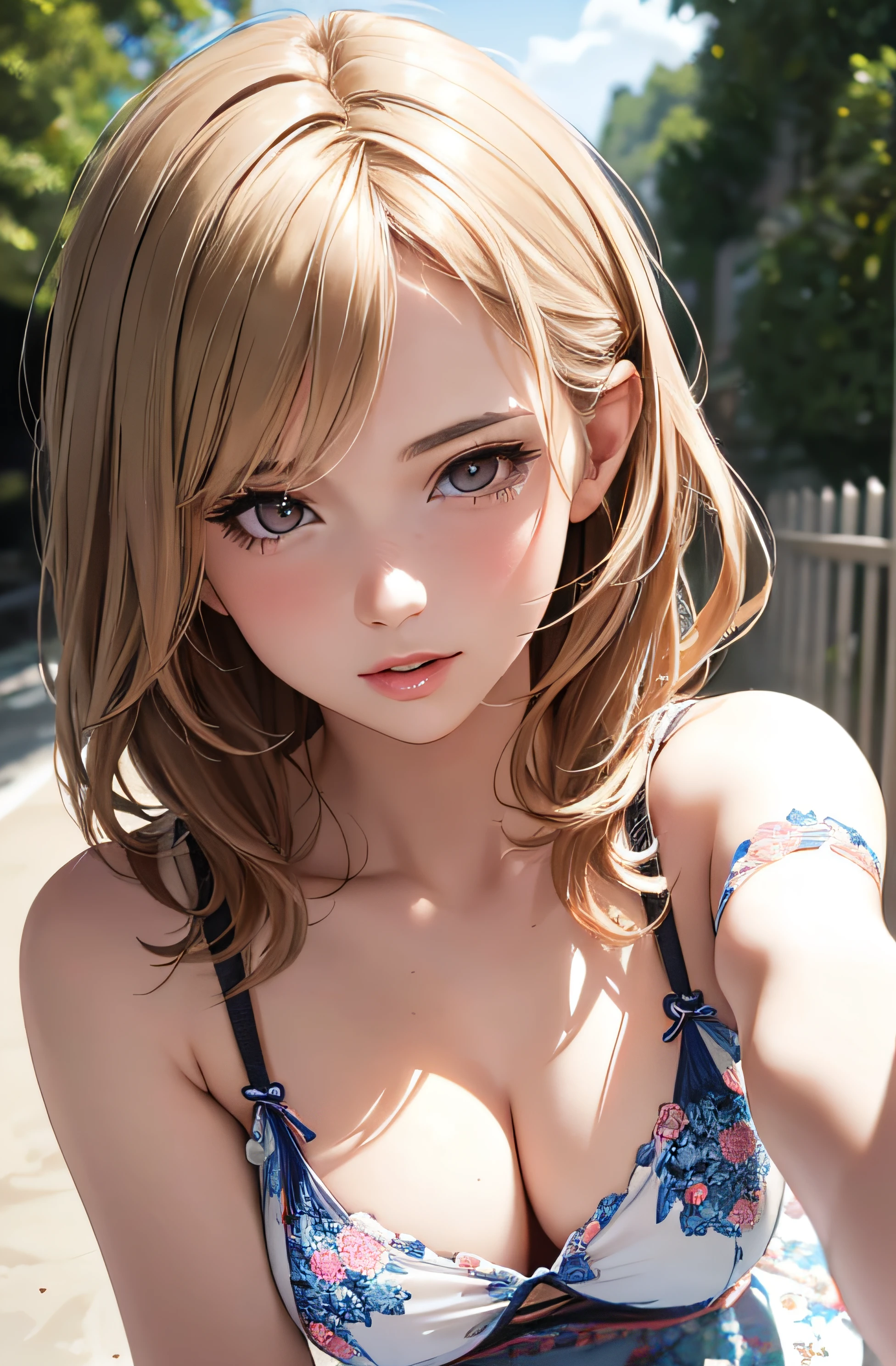 girl in summer clothes, ((taking a sefie)), random background, kiss, beautiful, medium breasts, flirtatious look, ((very detailed)), (perfectly detailed face), (well detailed hand), (well detailed hand), (well detailed hand), (well detailed hand), (well detailed hand) photorealistic image.