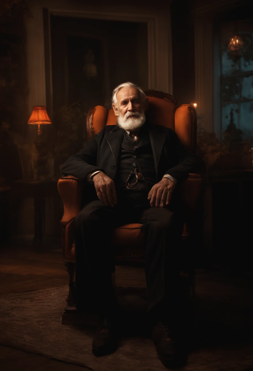(a realistic) old man sitting on a chair, wearing a Halloween costume, in a Halloween-themed setting(realistic portrait), with spooky lighting, (best quality, highres)ultra-detailed focus on face and costume details, vibrant colors, (HDR,physically-based rendering), capturing the eerie atmosphere, (horror,photography,concept artists) stylized, with a touch of darkness and mystery.
laughing
