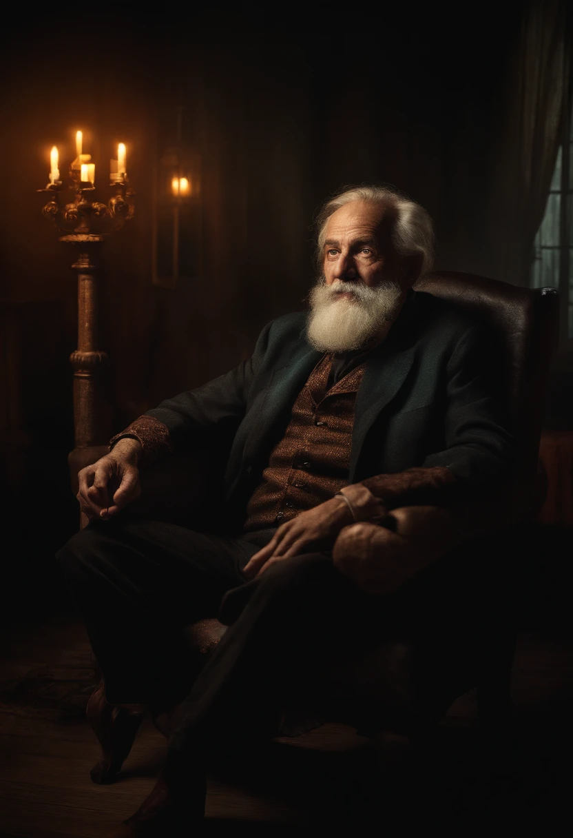 (a realistic) old man sitting on a chair, wearing a Halloween costume, in a Halloween-themed setting(realistic portrait), with spooky lighting, (best quality, highres)ultra-detailed focus on face and costume details, vibrant colors, (HDR,physically-based rendering), capturing the eerie atmosphere, (horror,photography,concept artists) stylized, with a touch of darkness and mystery.
laughing