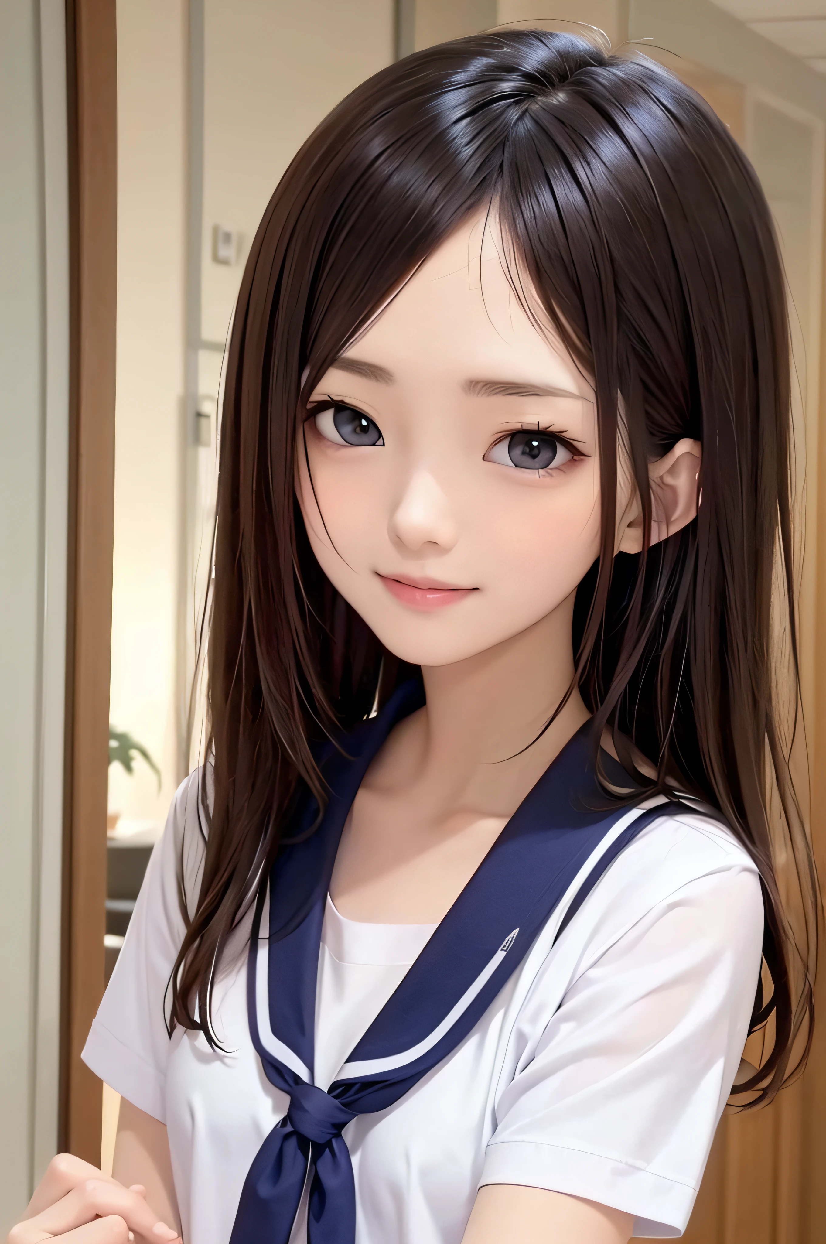13years、brown haired、beautidful eyes、real looking skin、hi-school girl、a sailor suit、small tits、(8K、masterpiece)、(reallistic、Photorealsitic)、top-quality、ighly detailed、The ultra-detailliert、Beautie、cute little、japanes、Idol、a smile、Close-up portrait、Healthy face