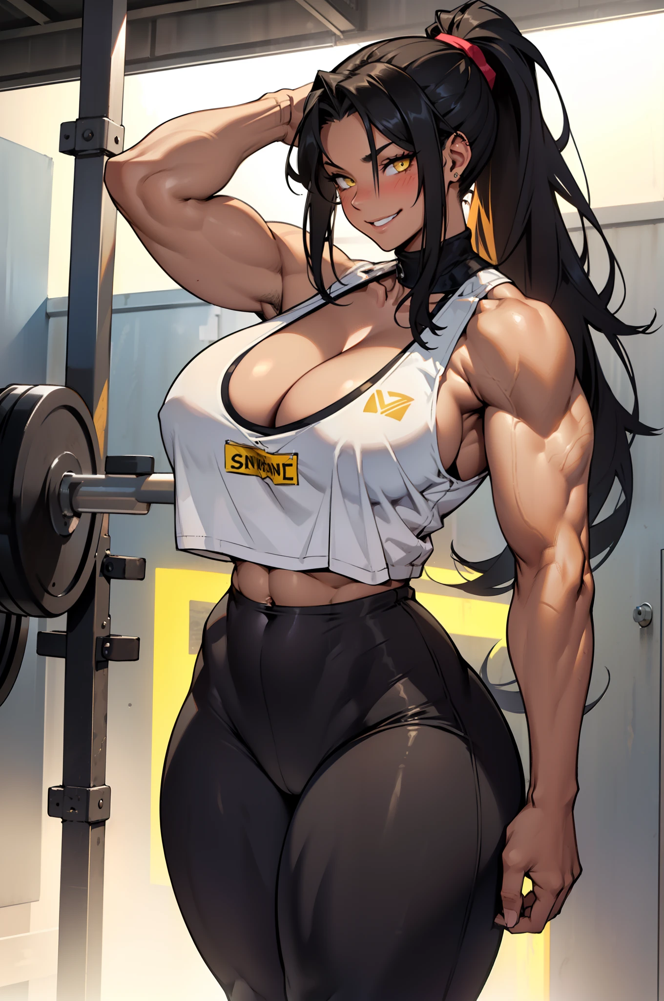 solo, ((1 girl)), very long hair, black hair in a ponytail, smiling blushing sexy seductive, yellow eyes ((((muscular girl)))), ((huge gigantic tits, cleavage showing)), ((thick thighs)), ((wide hips)), (cowboy shot), dark african skin, tank top, leggings, in a fitness gym, toned body