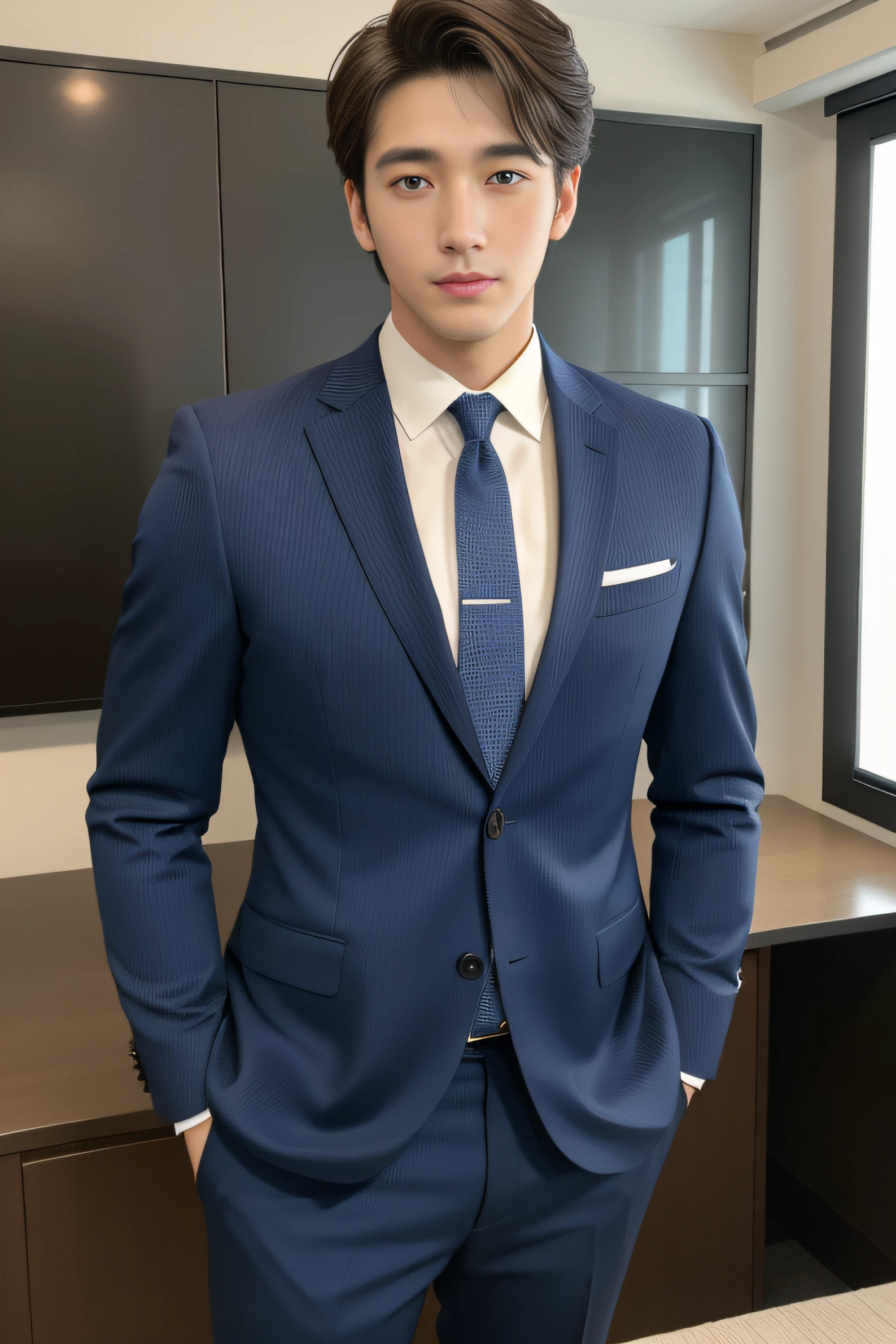 20-year-old refreshingly handsome new employee、(Super cool guy in a suit)、20 years old Japan man、1人、businessman、Ultra-luxury suits、Striped suit、 s Office、Young handsome man standing in suit、(Highly detailed photos in 8K)、(Very detailed handsome man)、Photo Real)、(top-quality)、ultra-detailliert、masterpiece、An ultra-high picture quality、tall、Very beautiful hair、Bright photo、Handsome like a model、Handsome like an idol、luxury watch、