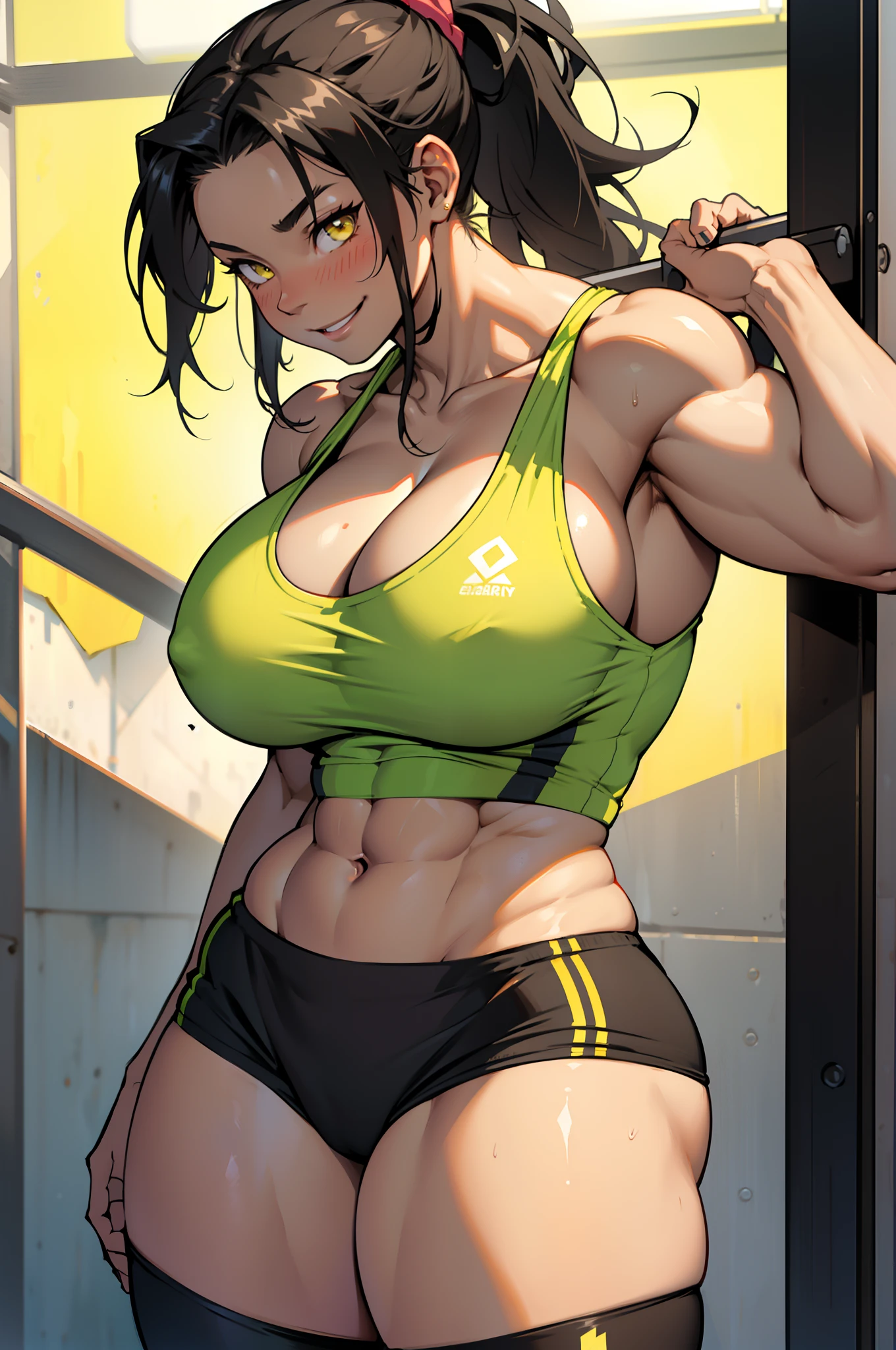 solo, ((1 girl)), very long hair, black hair in a ponytail, smiling blushing sexy seductive, yellow eyes ((((muscular girl)))), ((huge gigantic tits, cleavage showing)), ((thick thighs)), ((wide hips)), (cowboy shot), dark african skin, tank top, leggings, in a fitness gym, toned body