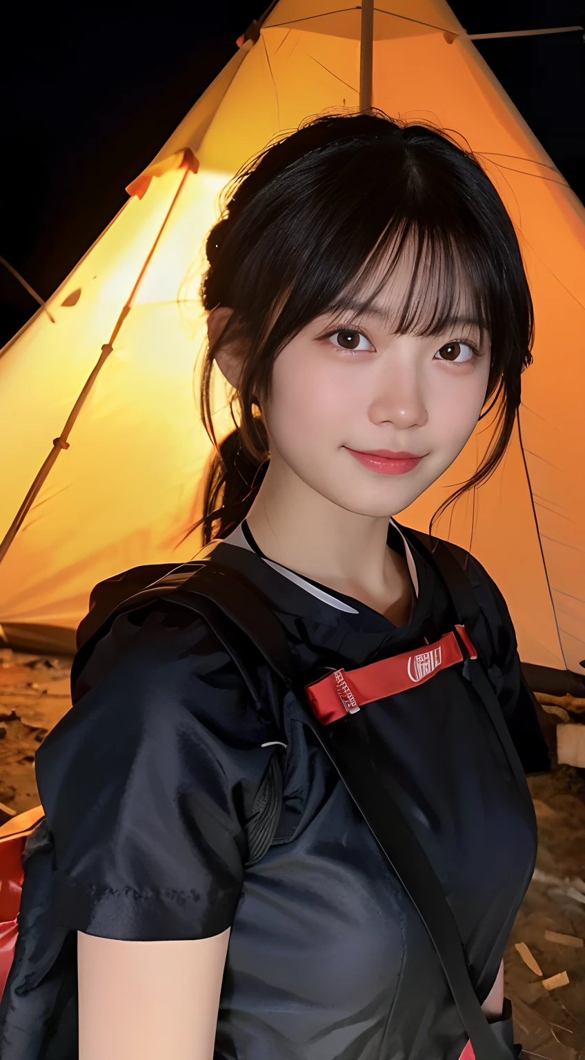 (top-quality,8K,masterpiece:1.3,),(超A high resolution,Photorealsitic:1.4,Raw photography),(ultra-detailliert,shinny skin,Delicate skin),(Detailed face,Perfect Anatomy,Caustics),1人,kawaii,18year old,japanes,Japanese ido,smil,Looking at the camera,A dark-haired,Short ponytail,large boob,Mountaineering Wear,in mountains,camp,teepee,bonfire,Bonfire in the middle,Realistic Flames,Sit on the side,deep in the night,Bonfire lights,The area is pitch dark,low angles