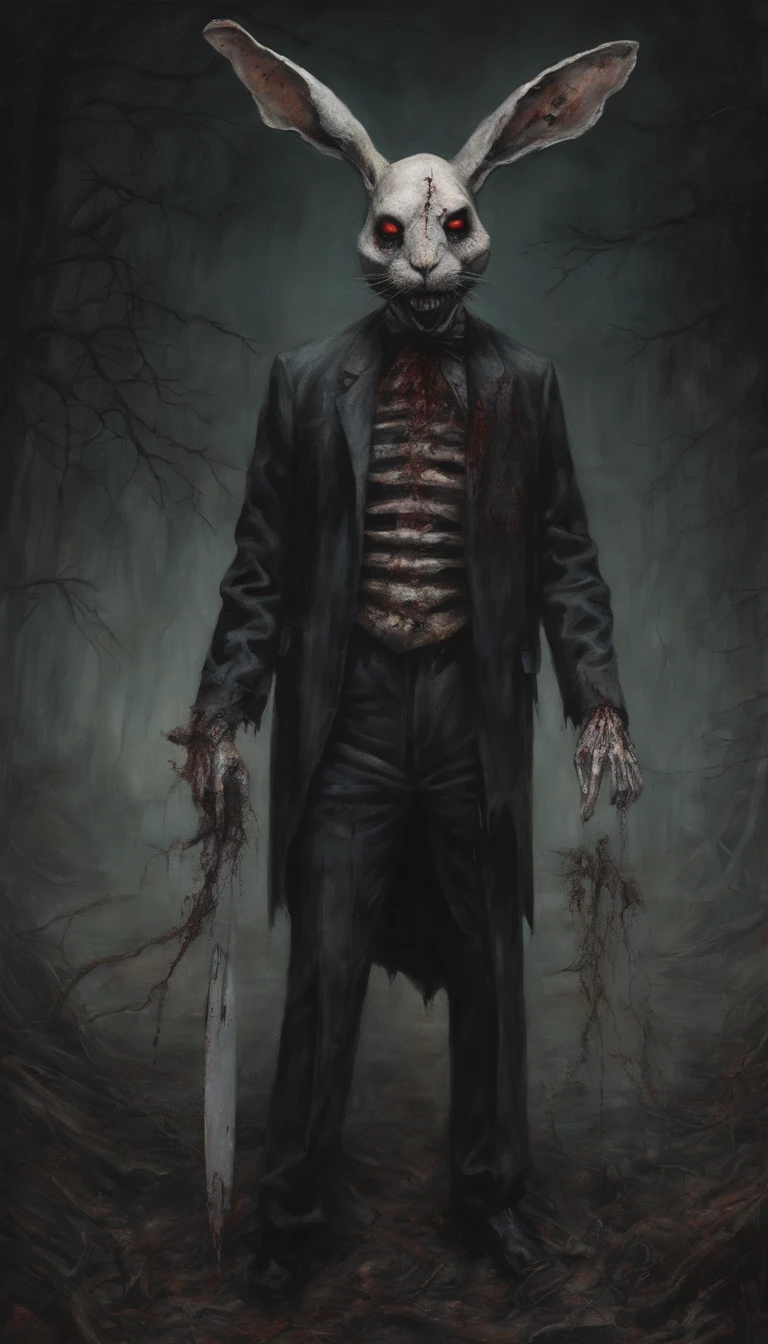 Surrealist painting of zombie man in a random bunny costume, cores escuras, horror, assustador.