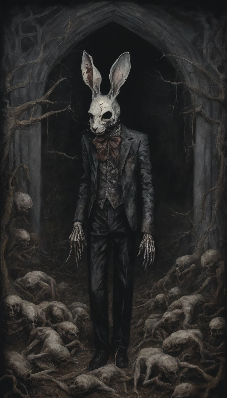Surrealist painting of zombie man in a random bunny costume, cores escuras, horror, assustador.
