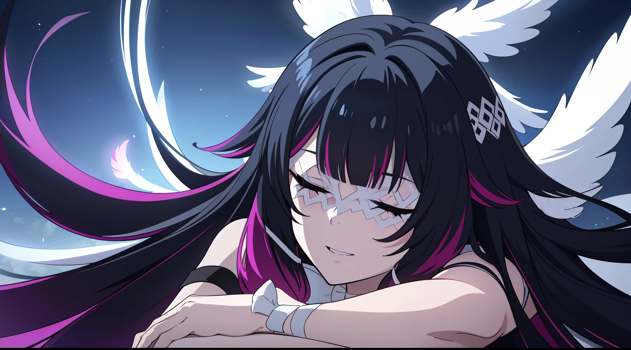 2D, HD, top-quality, ultra-detailed, Highly detailed, masterpiece, best quality, solo,1girl, long hair, black hair, red hair, solo, closed eyes, eye_mask, head wings, hair ornament, blunt bangs, light blue spotlight shining down, feathers, dark, falling feathers, evil, mysterious, black background, wind, smiling, top down view, wide bright neon pink eyes, looking at viewer, insane expression, crazy, glowing eyes, eyes as focus of image, multicoloured eyes, mini breast, upper body,  over the shoulder pose