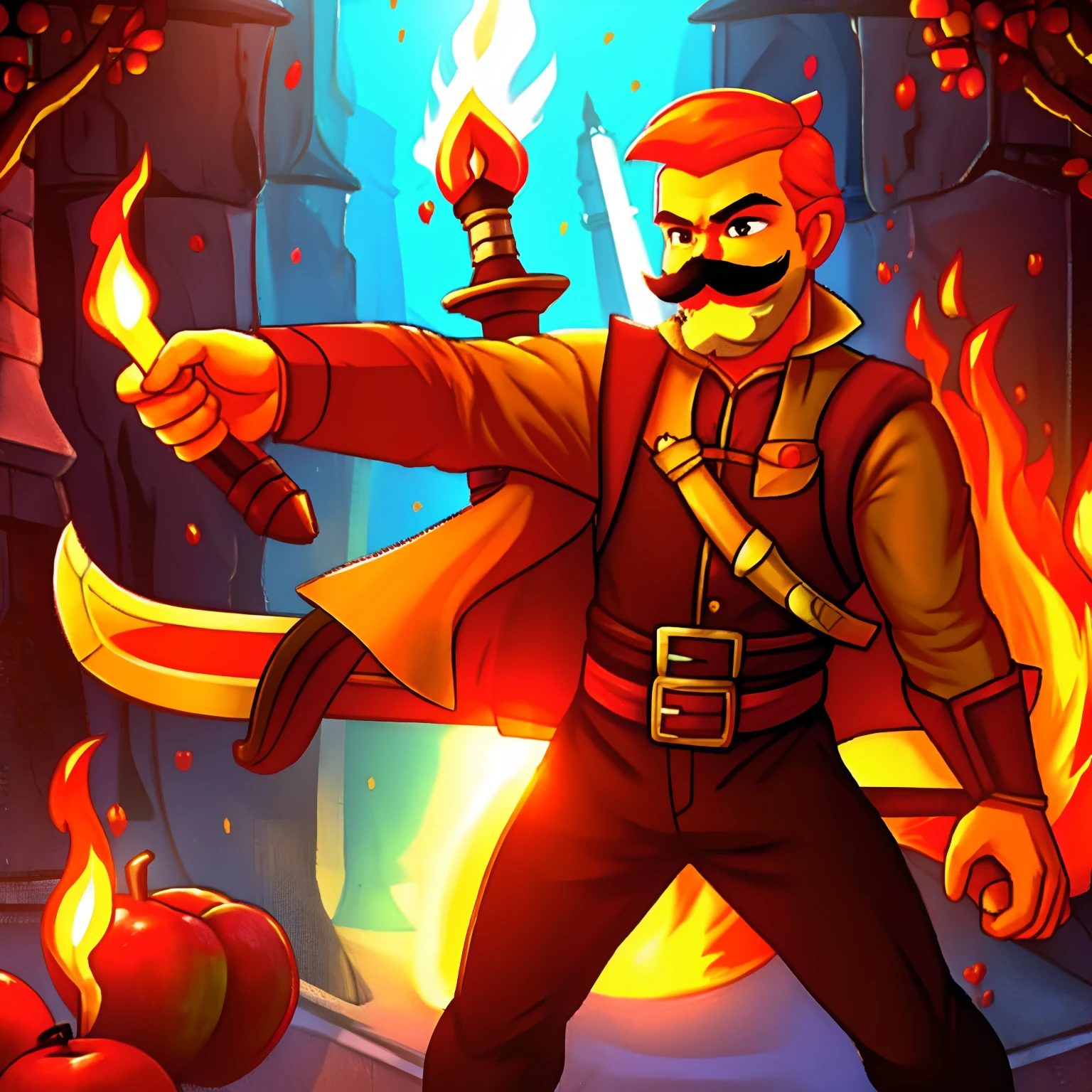 A male man with mustache and clothes of apples who uses fire sword